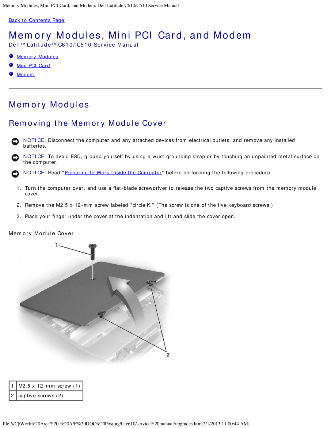 Dell C610, C510 manual Memory Modules, Mini PCI Card, and Modem, Removing the Memory Module Cover 