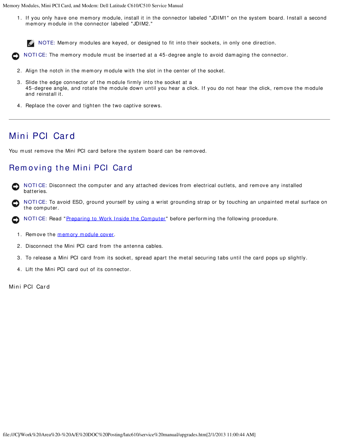 Dell C610, C510 manual Removing the Mini PCI Card 
