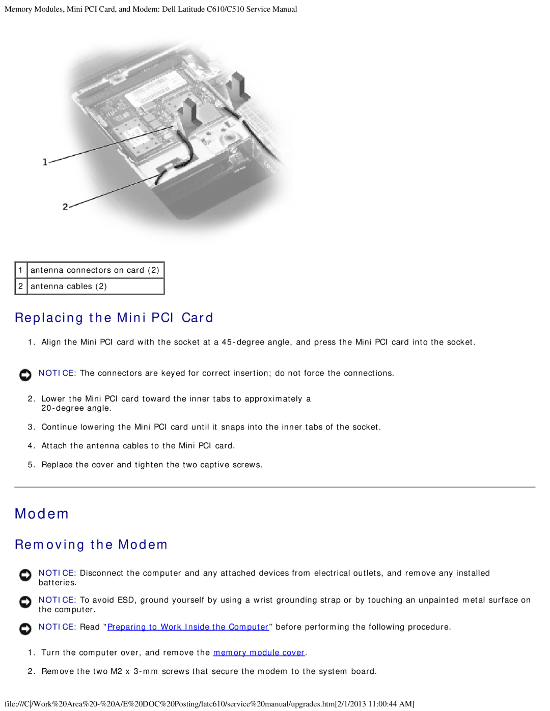 Dell C510, C610 manual Replacing the Mini PCI Card, Removing the Modem, Antenna connectors on card 2 2 antenna cables 
