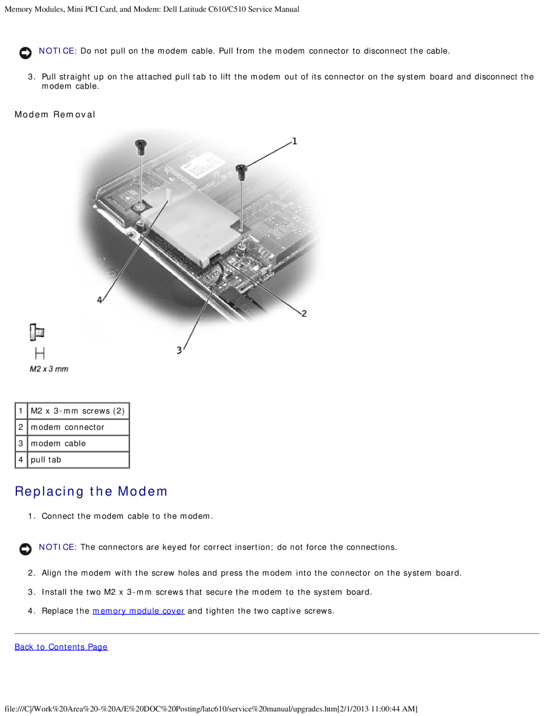 Dell C610, C510 manual Replacing the Modem, Modem Removal, M2 x 3-mm screws Modem connector Modem cable 4 pull tab 