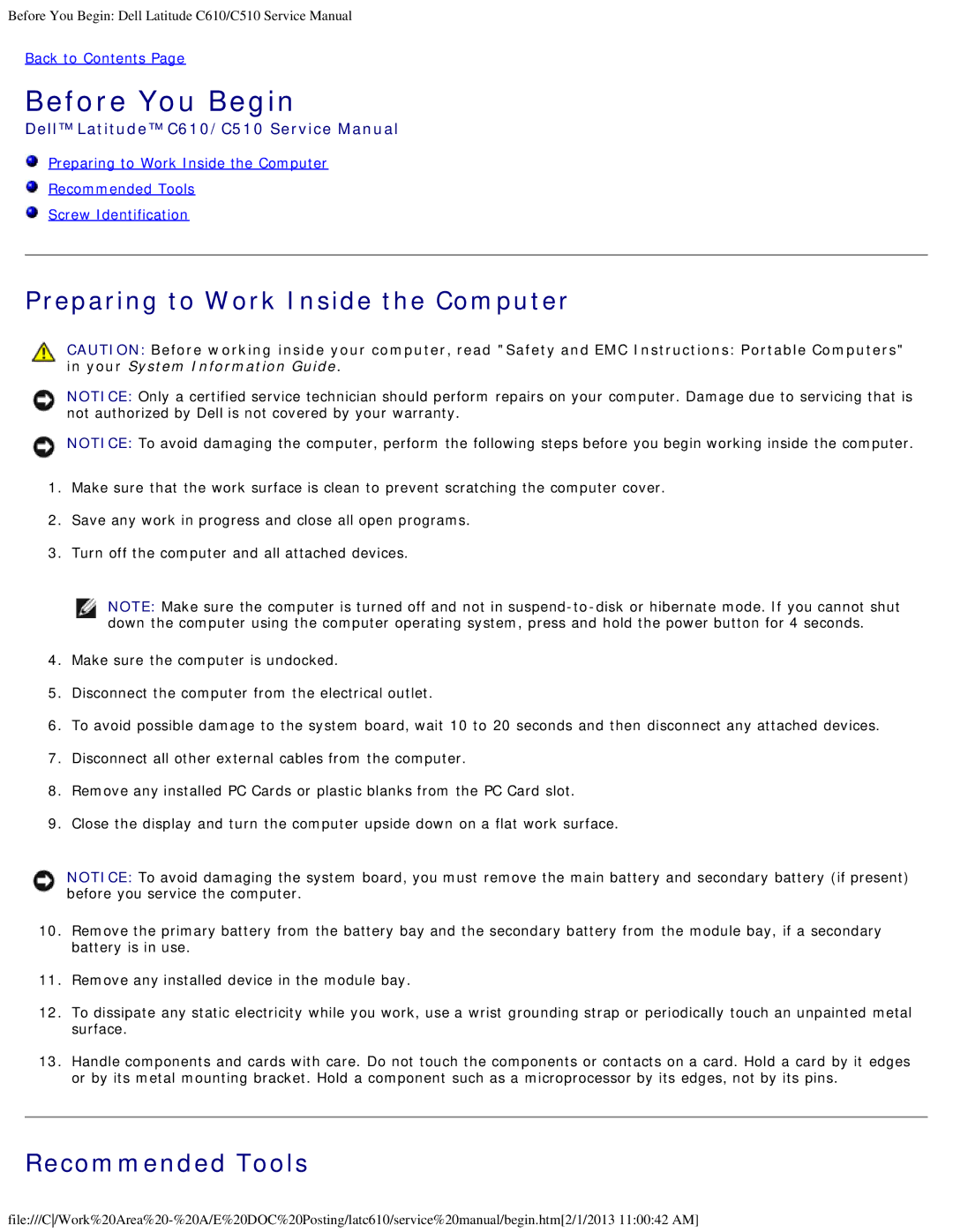 Dell C610, C510 manual Before You Begin, Preparing to Work Inside the Computer, Recommended Tools 