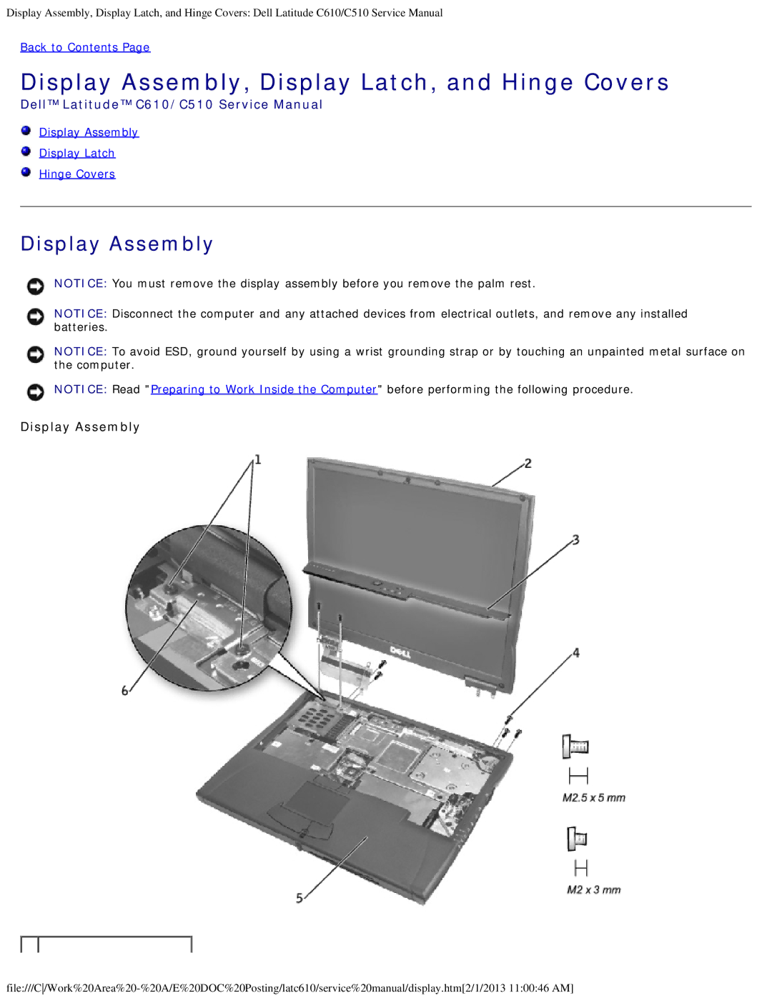 Dell C610, C510 manual Display Assembly, Display Latch, and Hinge Covers 