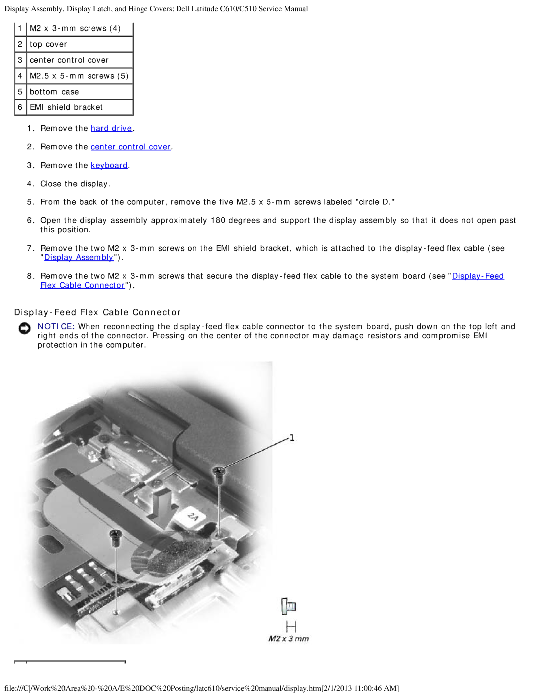 Dell C510, C610 manual Display-Feed Flex Cable Connector, Remove the center control cover 