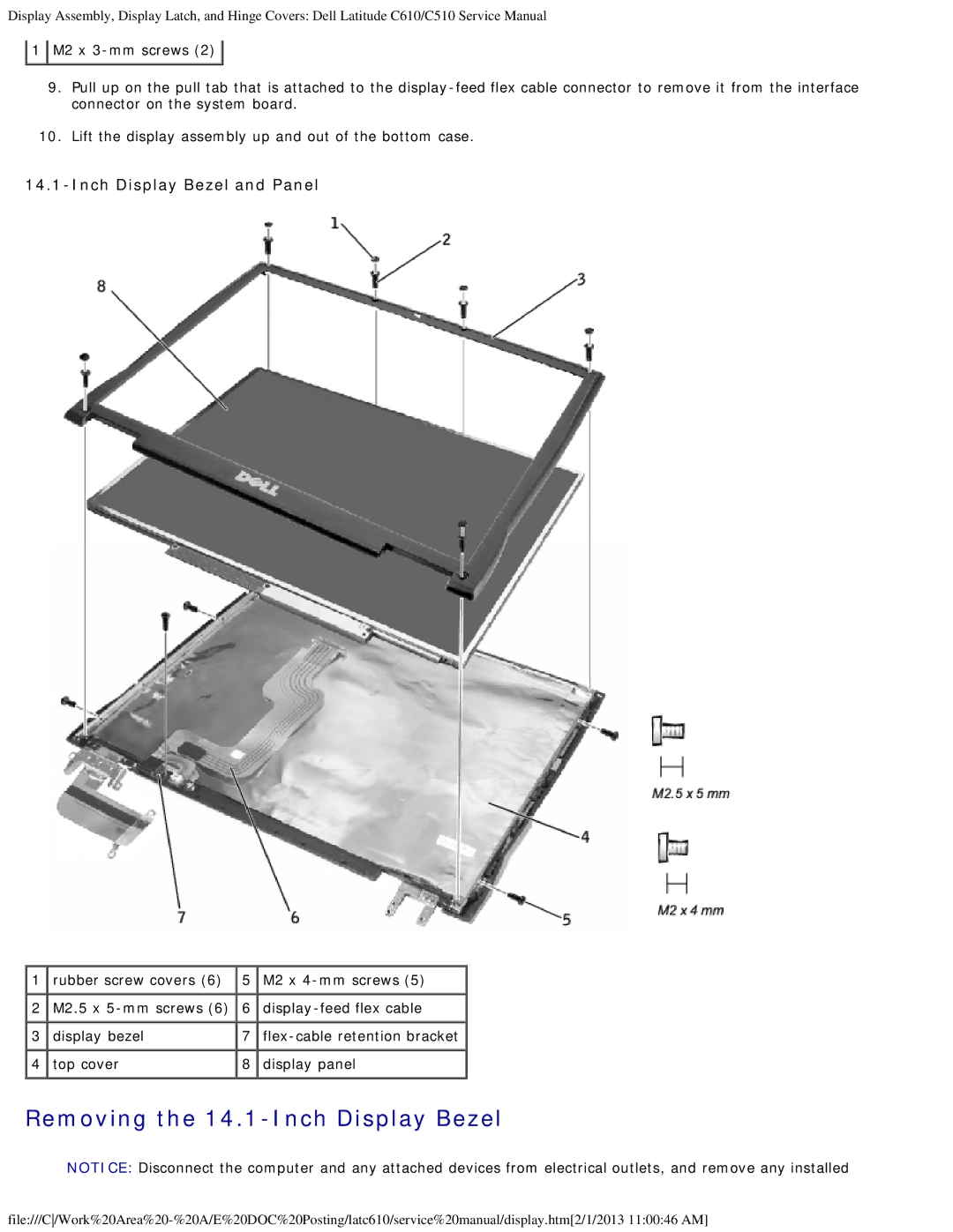 Dell C610, C510 manual Removing the 14.1-Inch Display Bezel, Inch Display Bezel and Panel, Top cover Display panel 