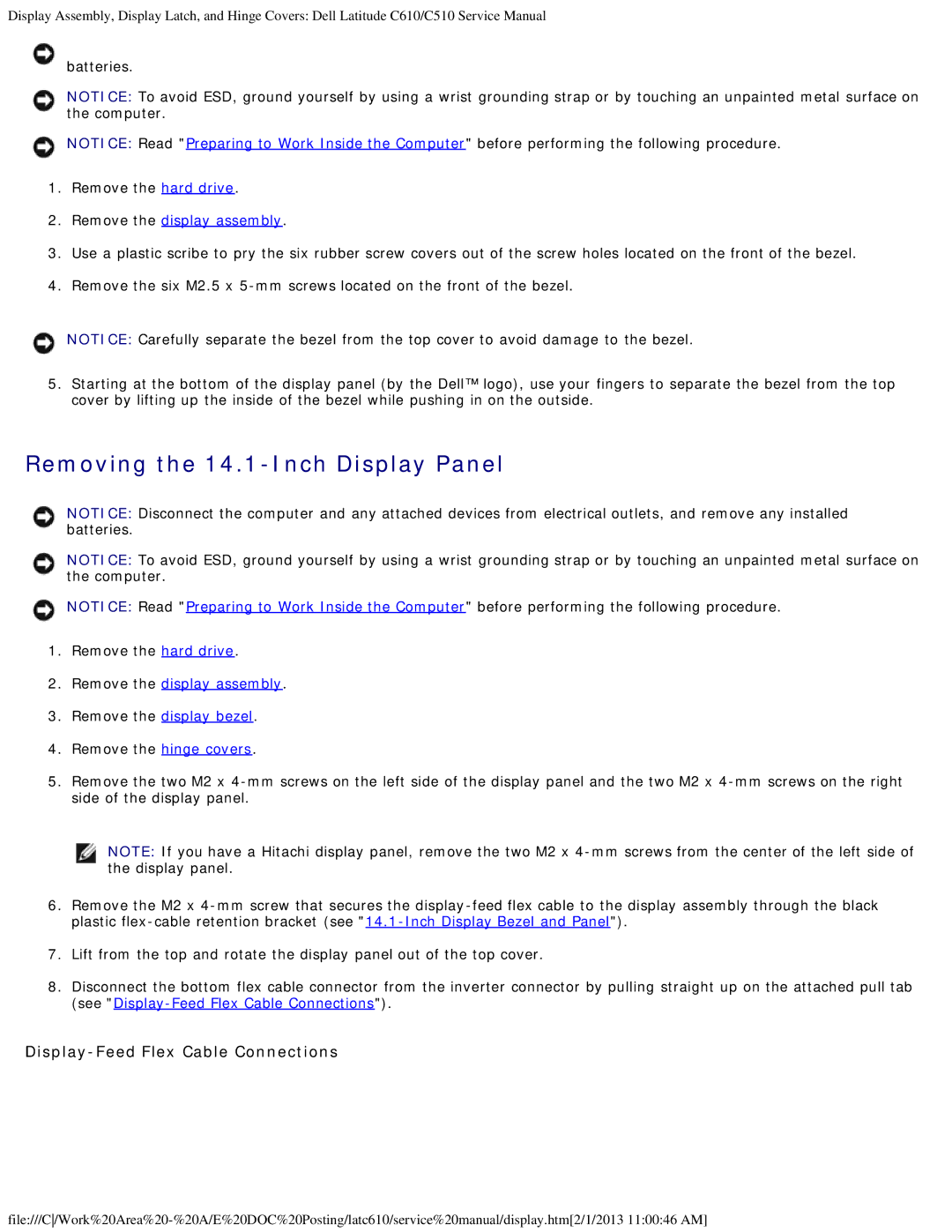 Dell C510, C610 Removing the 14.1-Inch Display Panel, Display-Feed Flex Cable Connections, Batteries Remove the hard drive 