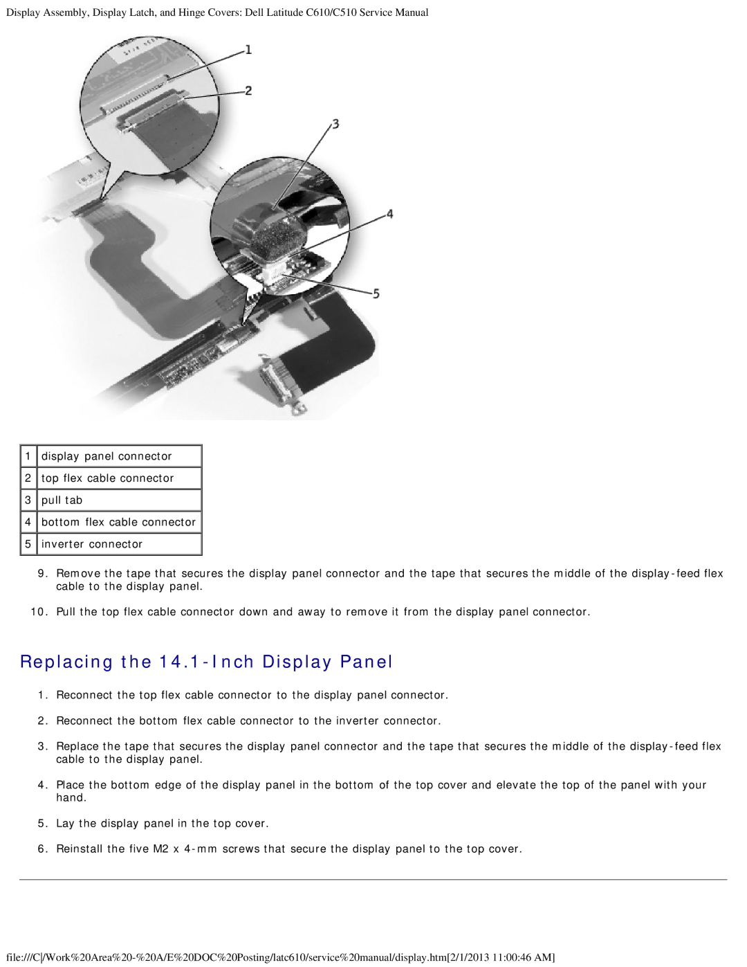 Dell C610, C510 manual Replacing the 14.1-Inch Display Panel 