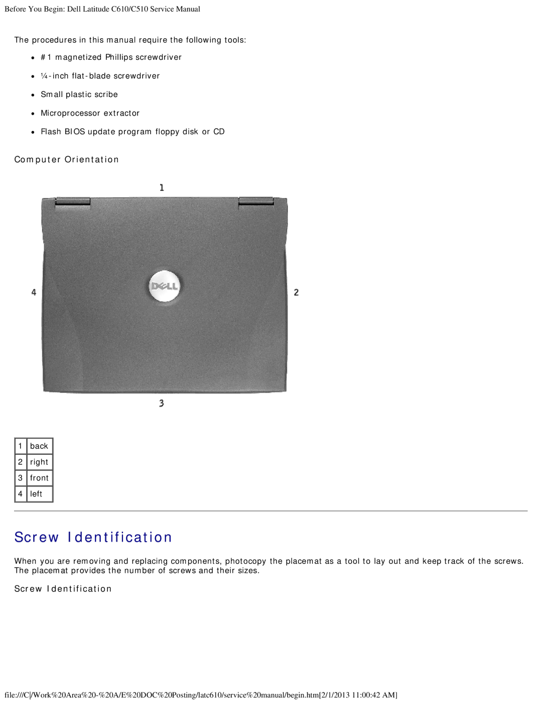 Dell C510, C610 manual Screw Identification, Computer Orientation, Back Right Front 4 left 