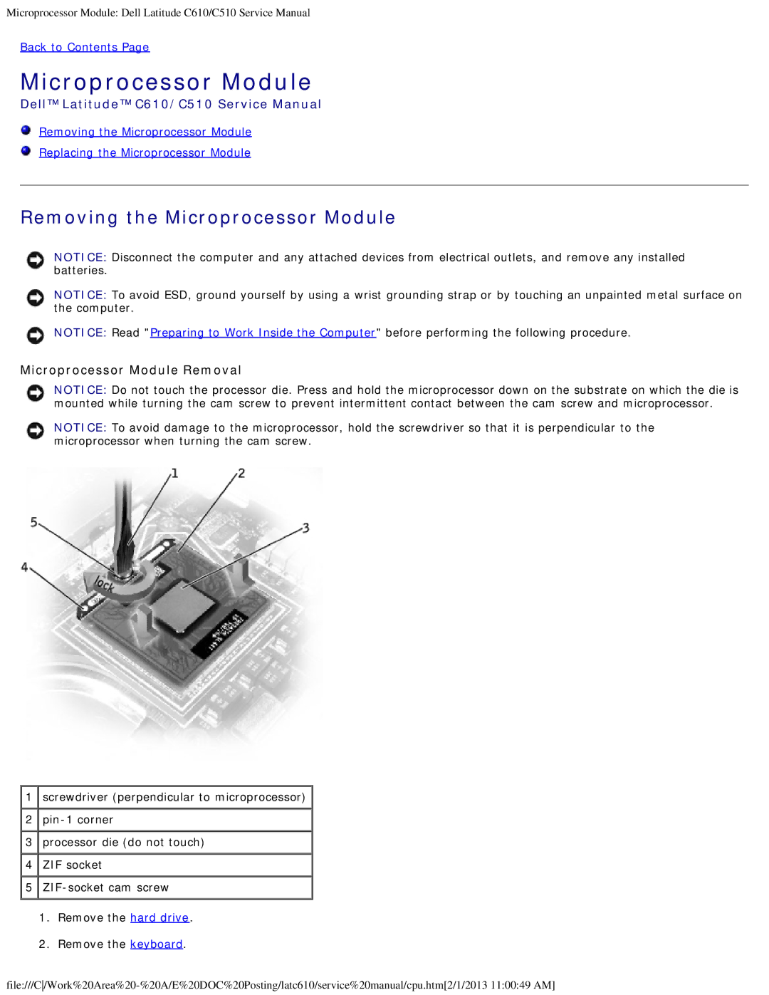 Dell C510, C610 manual Removing the Microprocessor Module, Microprocessor Module Removal 