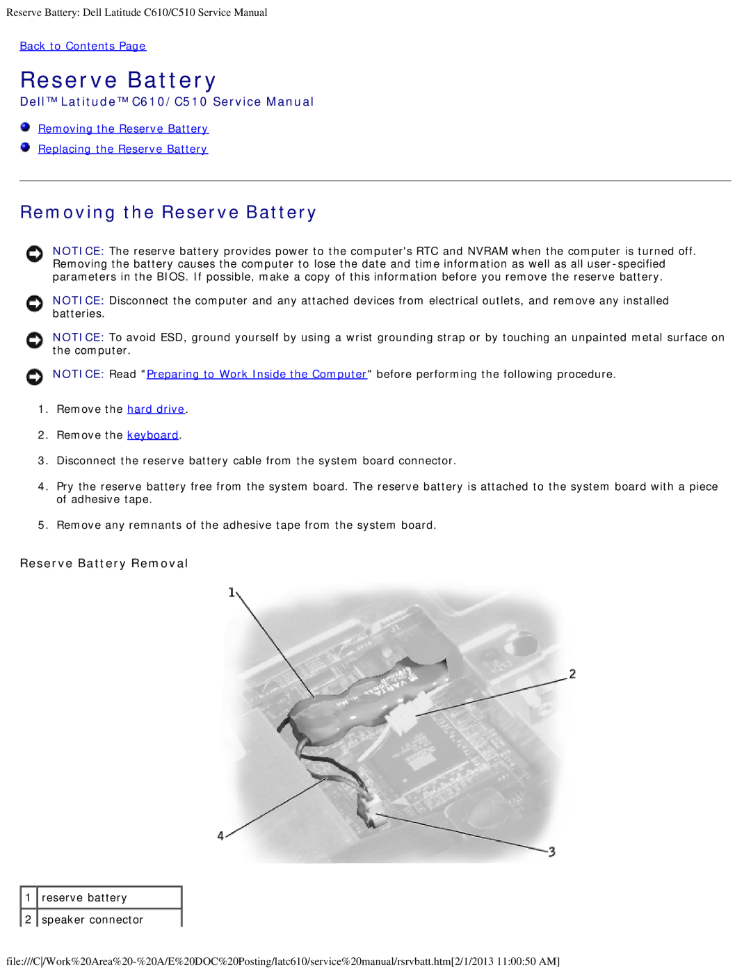 Dell C510, C610 manual Removing the Reserve Battery, Reserve Battery Removal, Reserve battery Speaker connector 