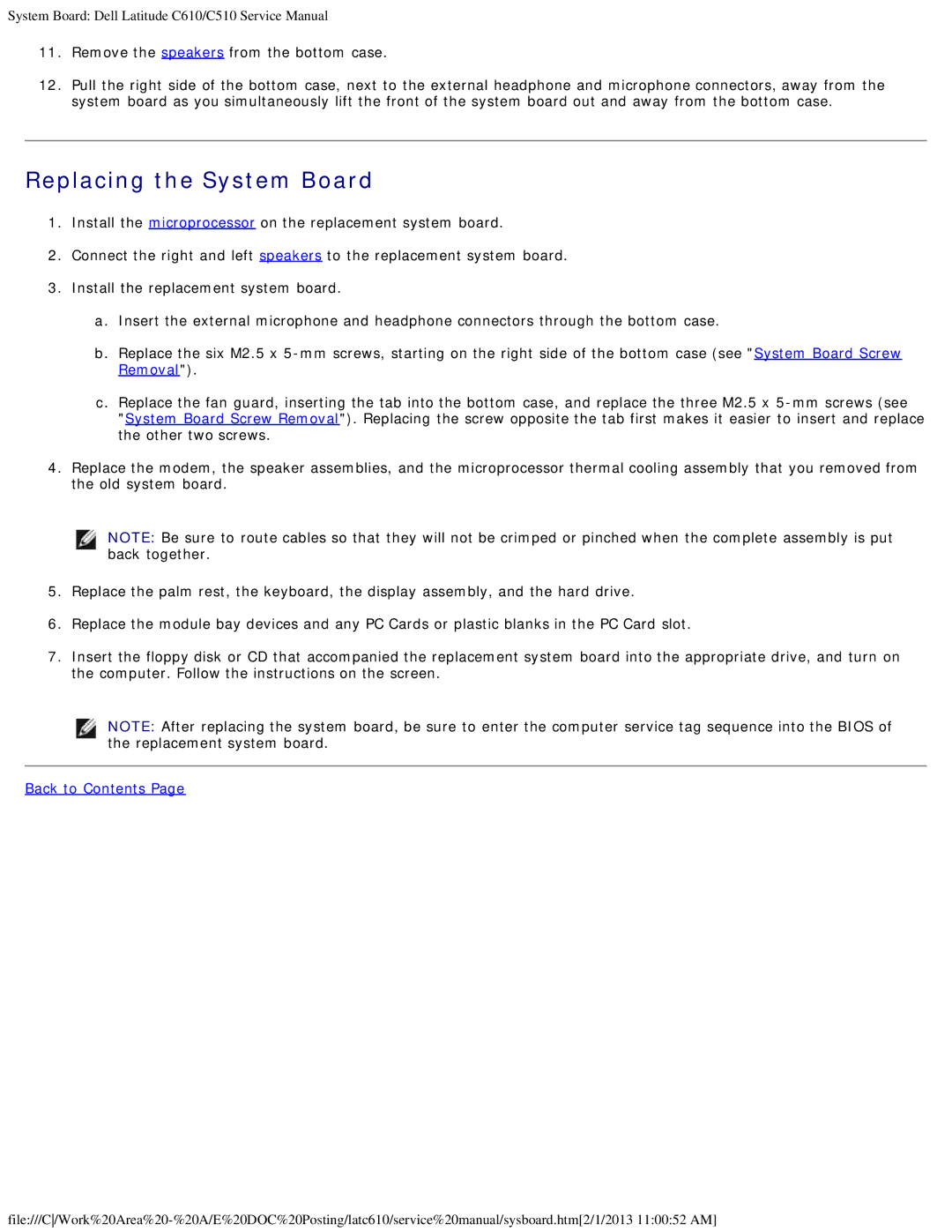 Dell C610, C510 manual Replacing the System Board 