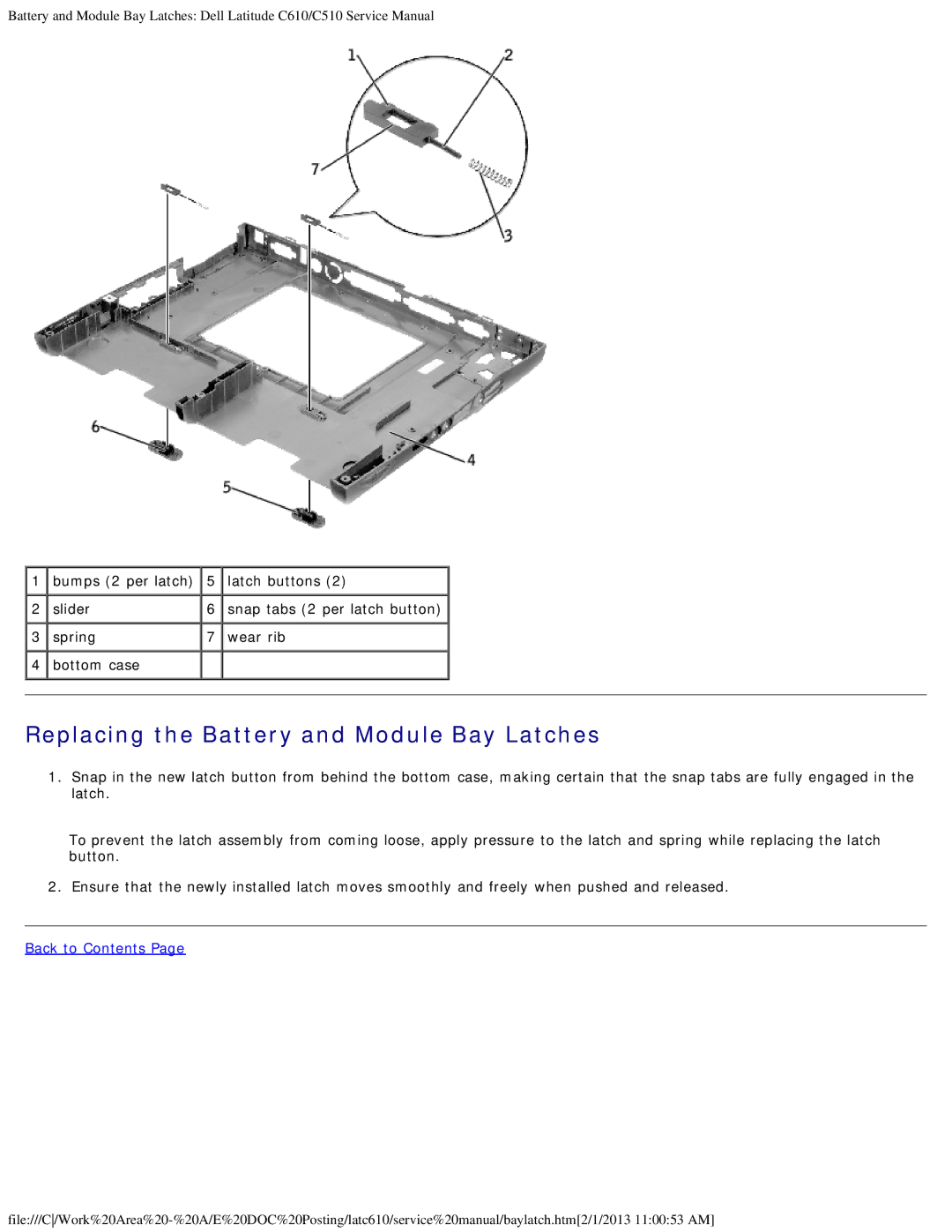 Dell C610, C510 manual Replacing the Battery and Module Bay Latches 