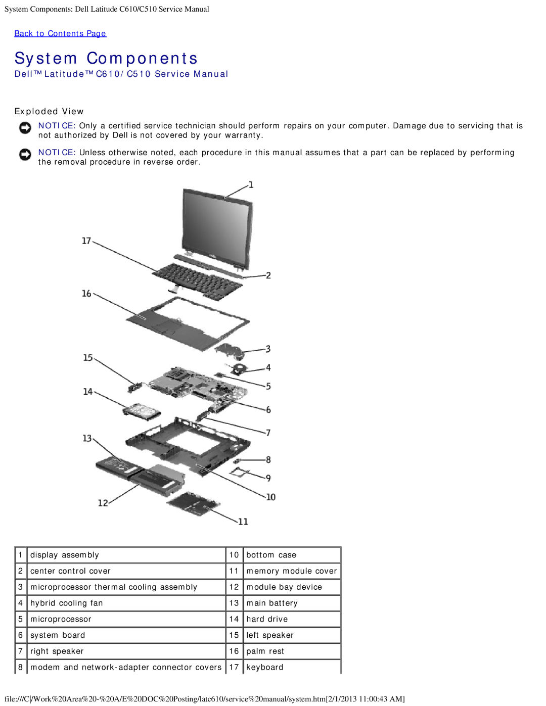 Dell C610, C510 manual System Components, Exploded View, Display assembly Bottom case Center control cover, Keyboard 