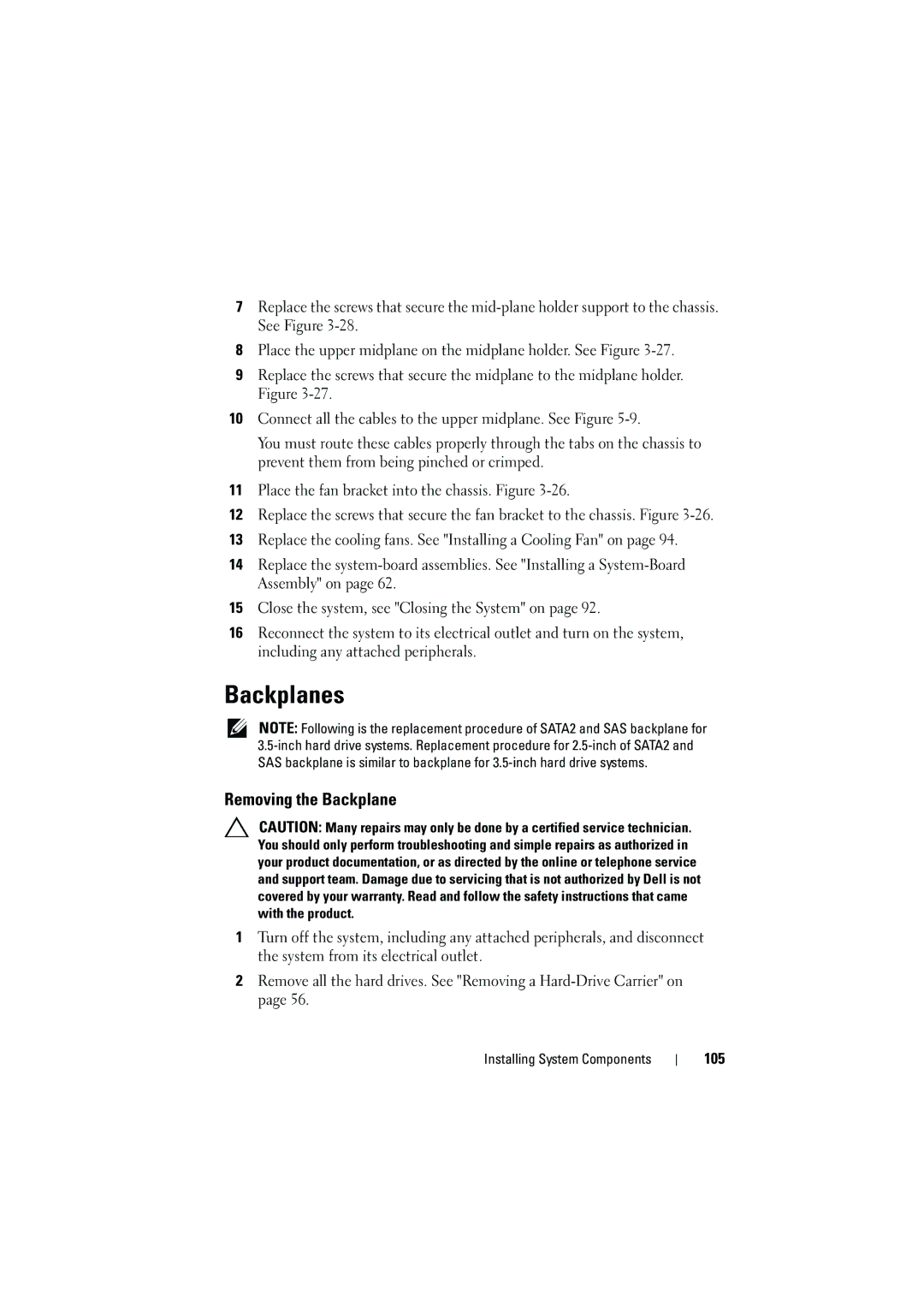 Dell C6100 owner manual Backplanes, Removing the Backplane, 105 