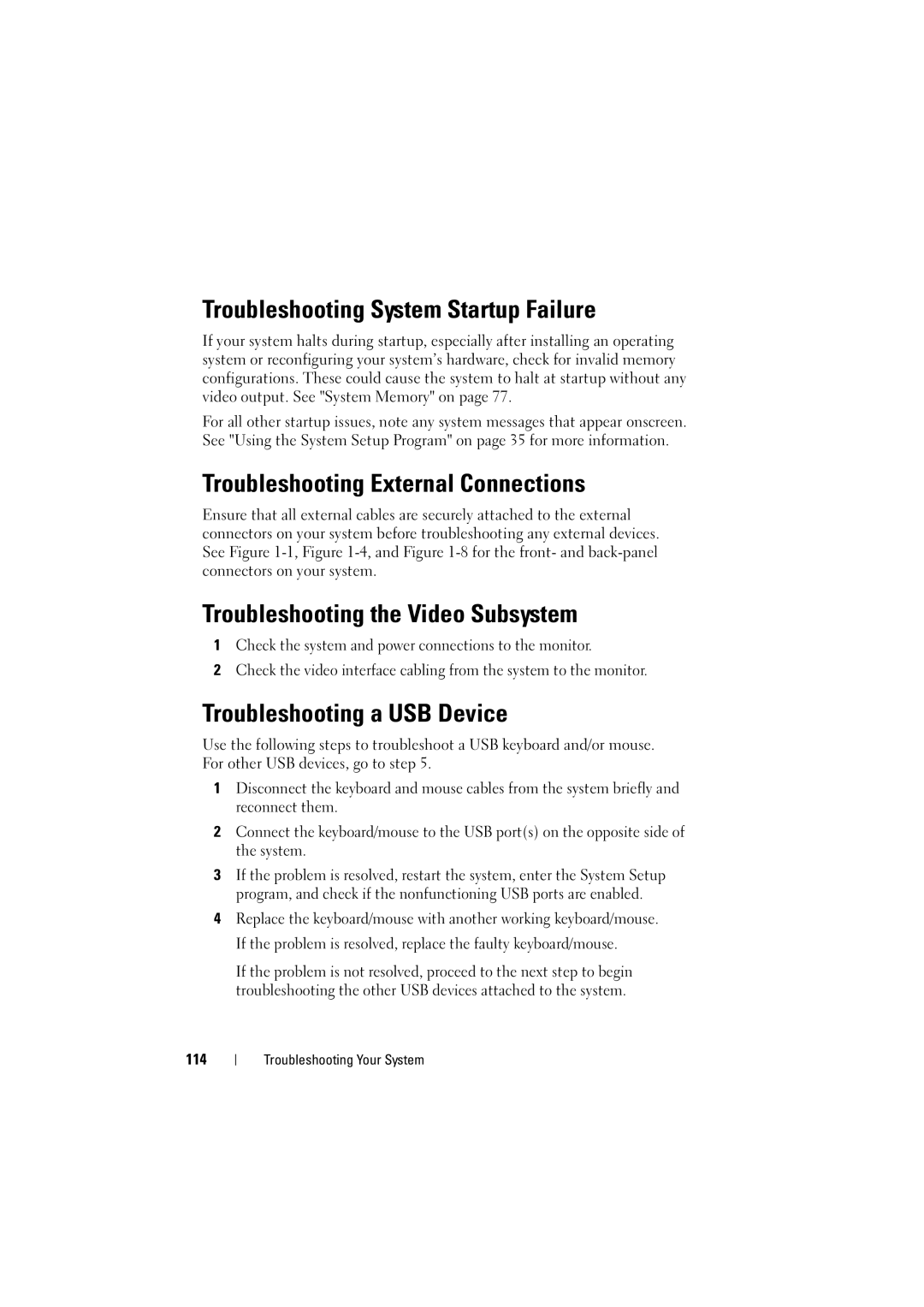 Dell C6100 Troubleshooting System Startup Failure, Troubleshooting External Connections, Troubleshooting a USB Device, 114 