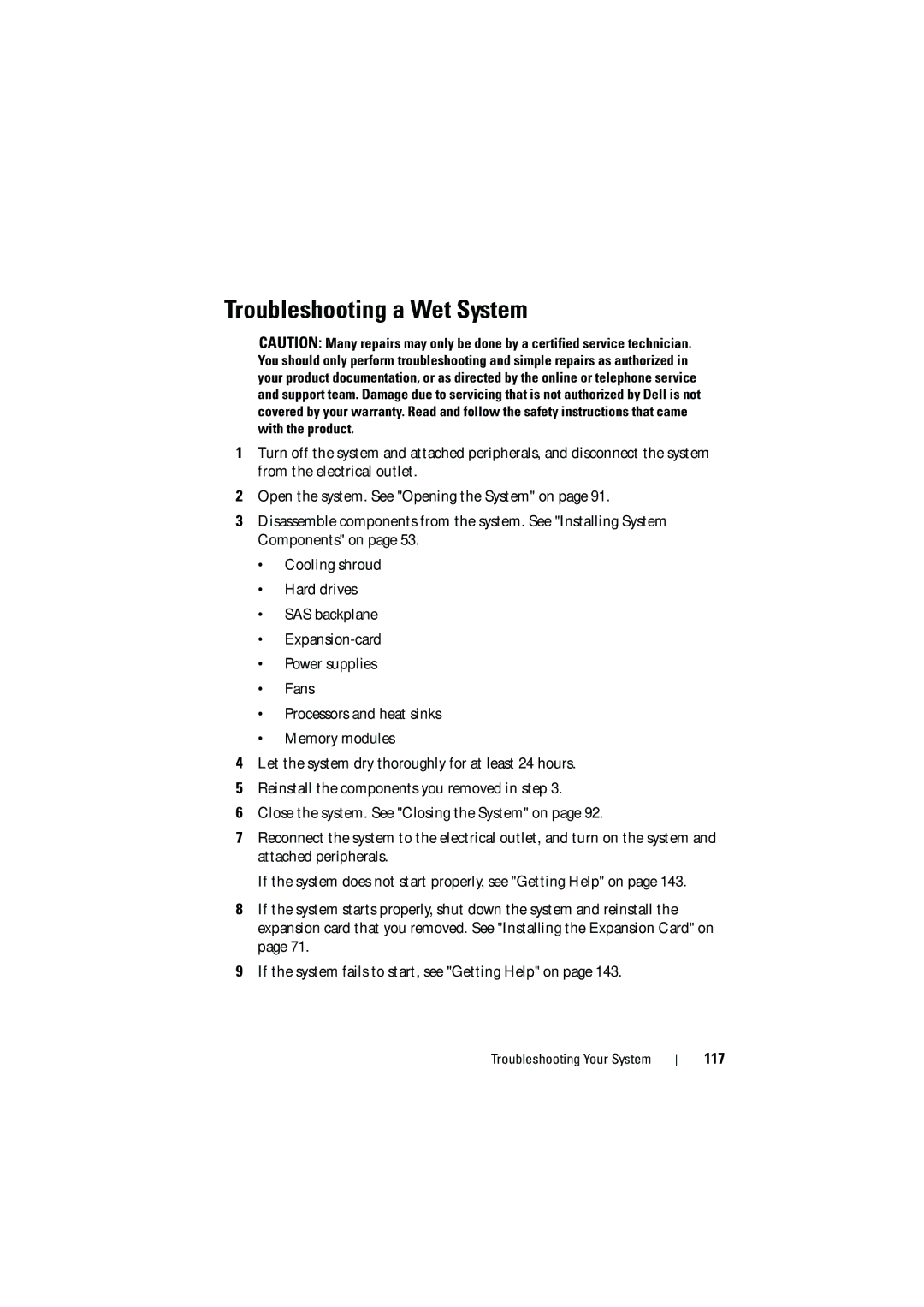 Dell C6100 owner manual Troubleshooting a Wet System, 117 