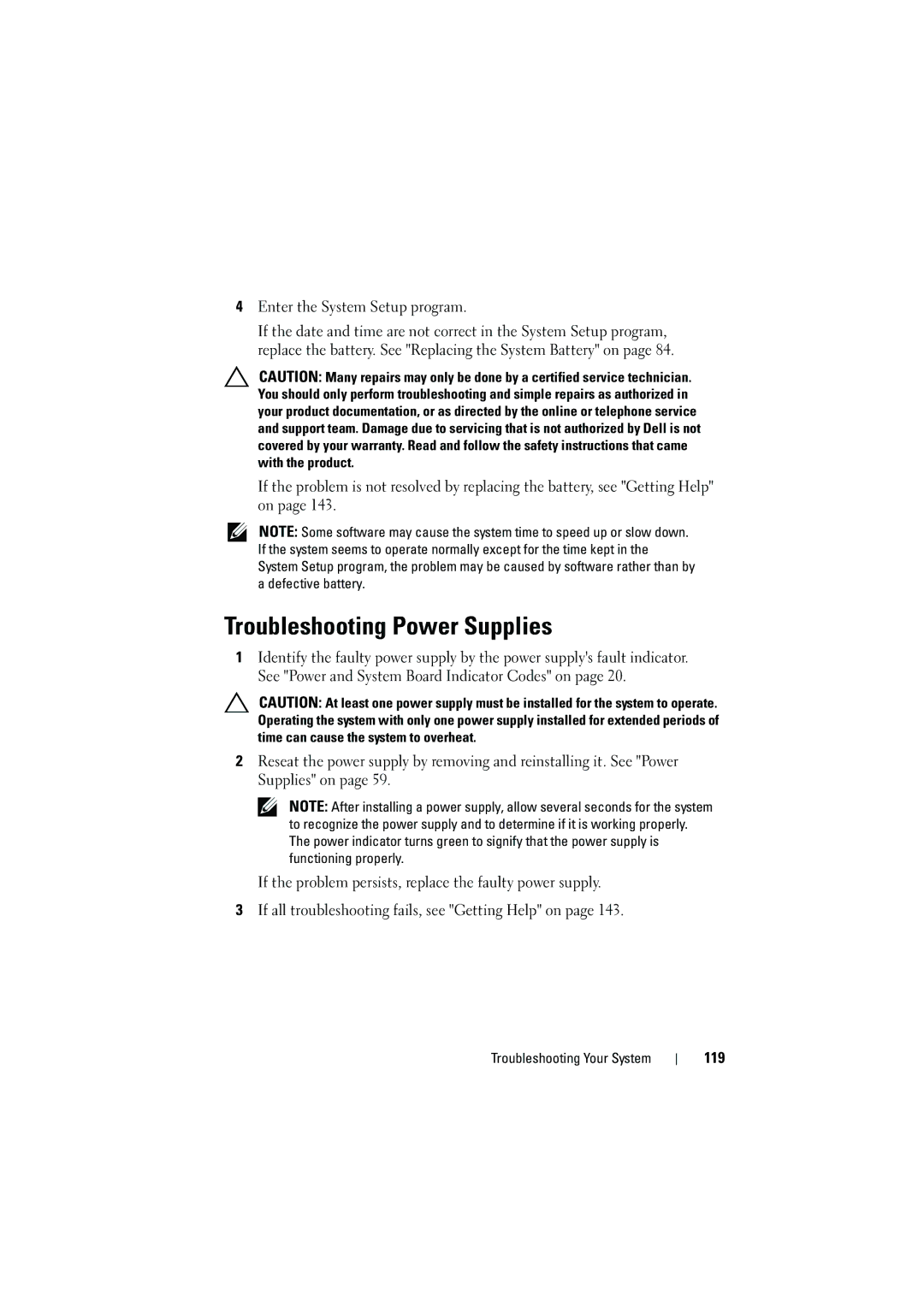 Dell C6100 owner manual Troubleshooting Power Supplies, Enter the System Setup program, 119 