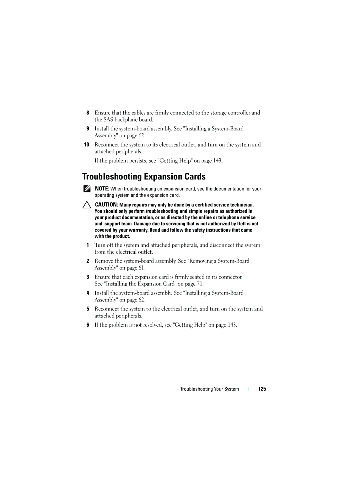 Dell C6100 owner manual Troubleshooting Expansion Cards, 125 