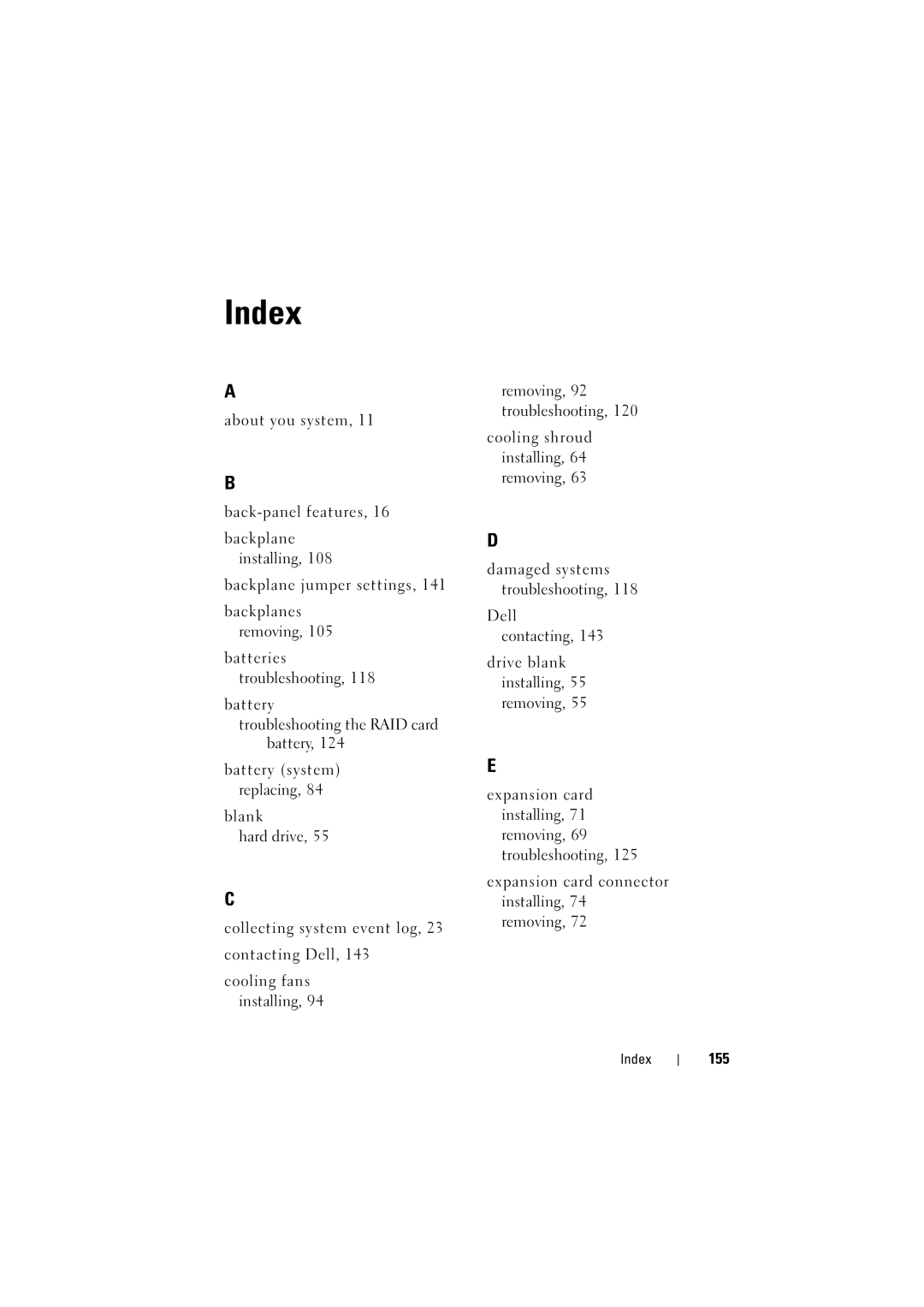 Dell C6100 owner manual Index, 155 