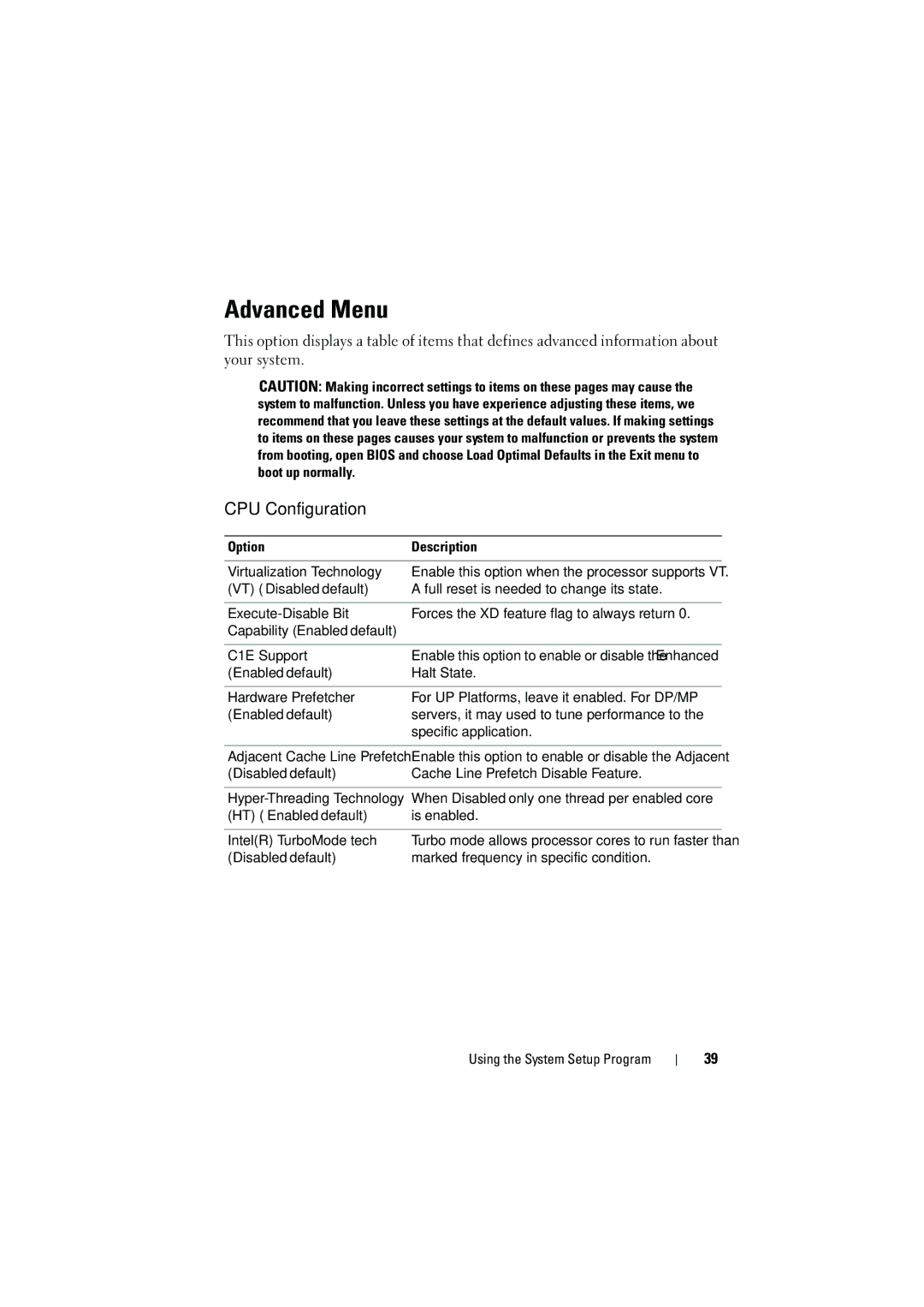 Dell C6100 owner manual Advanced Menu, CPU Configuration 