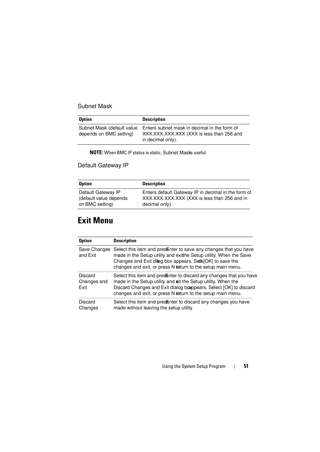 Dell C6100 owner manual Exit Menu, Subnet Mask, Default Gateway IP 