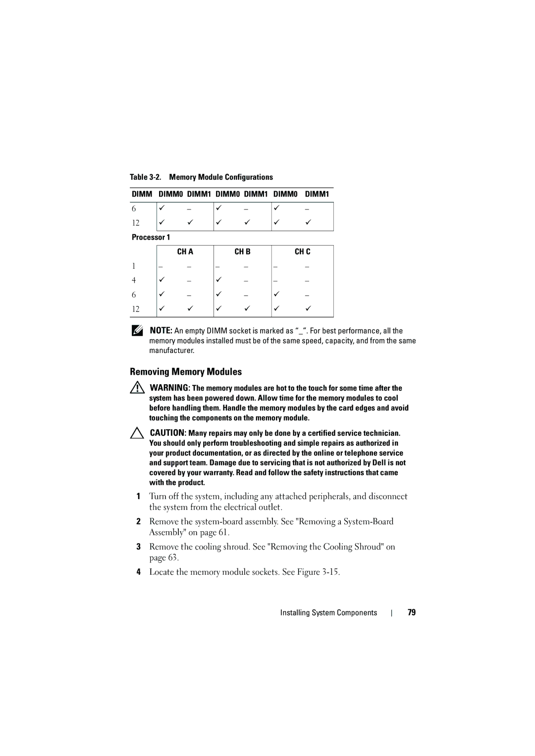 Dell C6100 owner manual Removing Memory Modules 