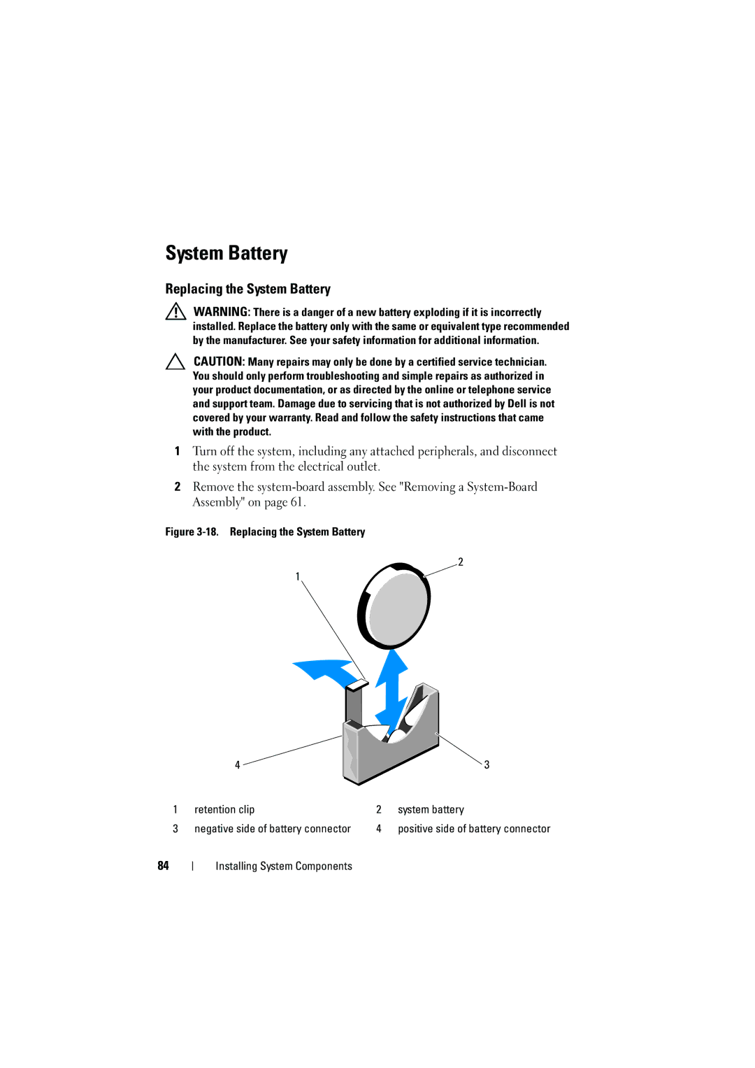 Dell C6100 owner manual Replacing the System Battery 