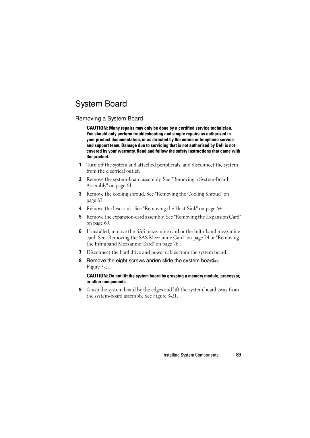 Dell C6100 owner manual Removing a System Board 