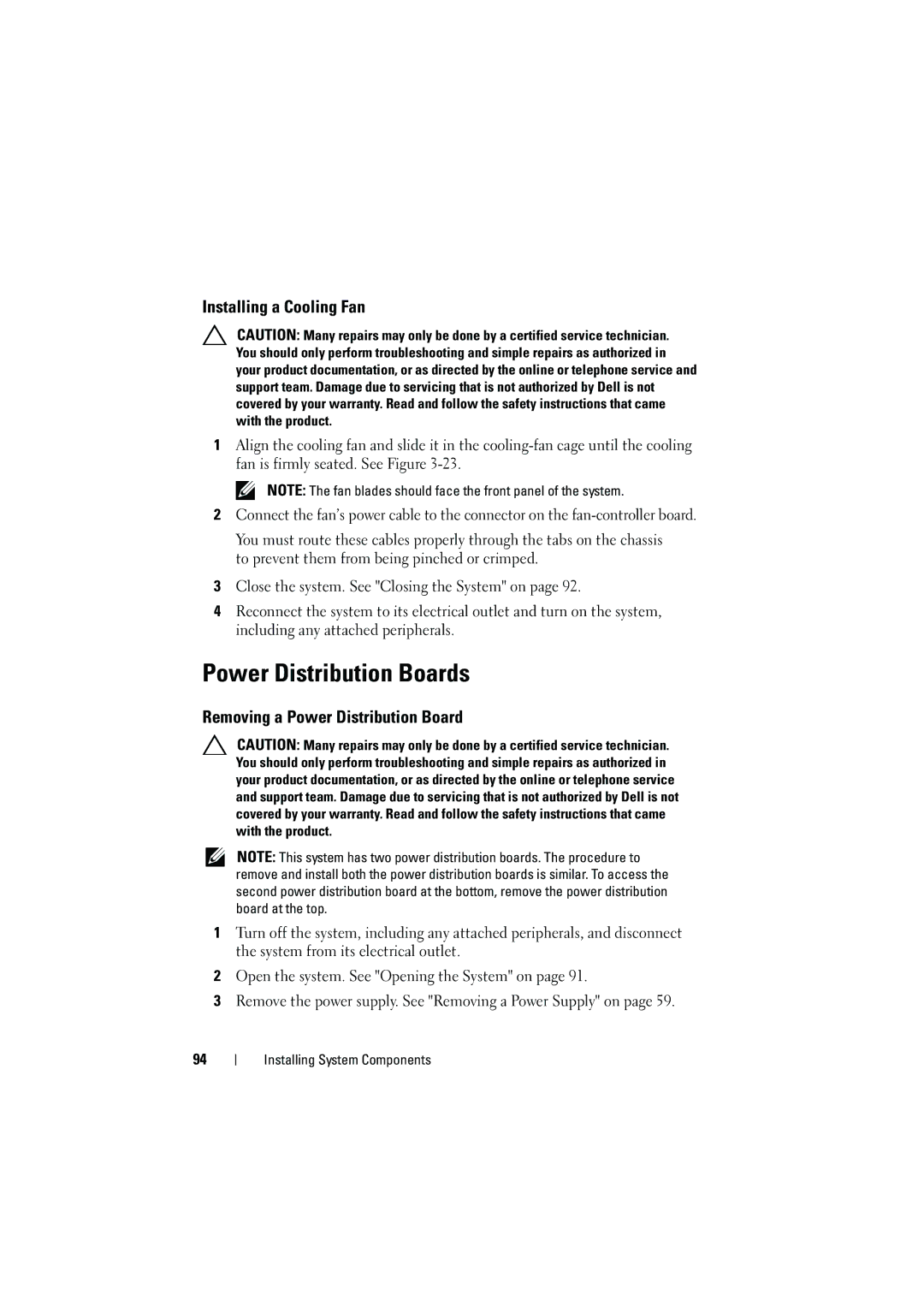 Dell C6100 owner manual Power Distribution Boards, Installing a Cooling Fan, Removing a Power Distribution Board 