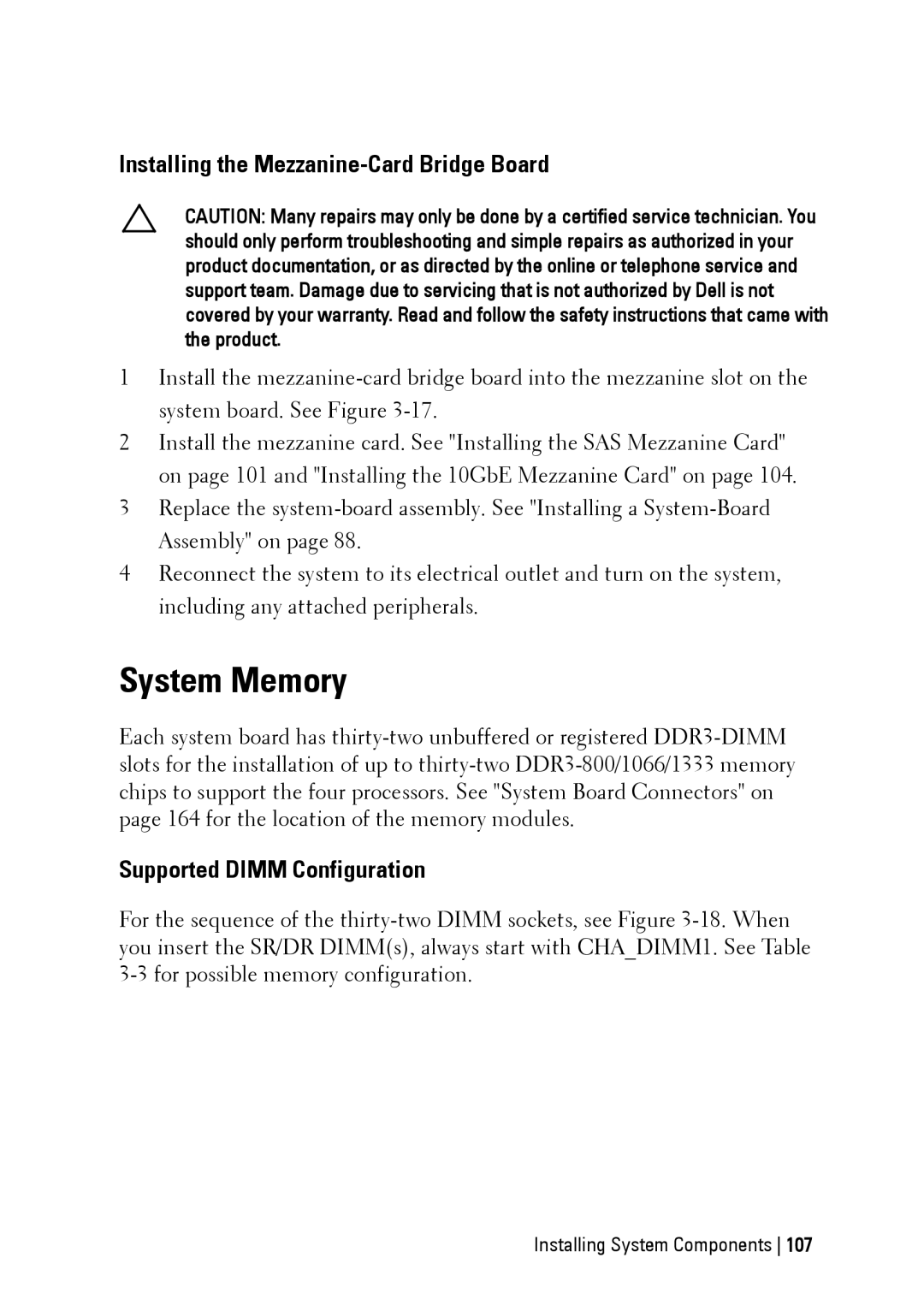 Dell C6145 manual System Memory, Installing the Mezzanine-Card Bridge Board, Supported Dimm Configuration 