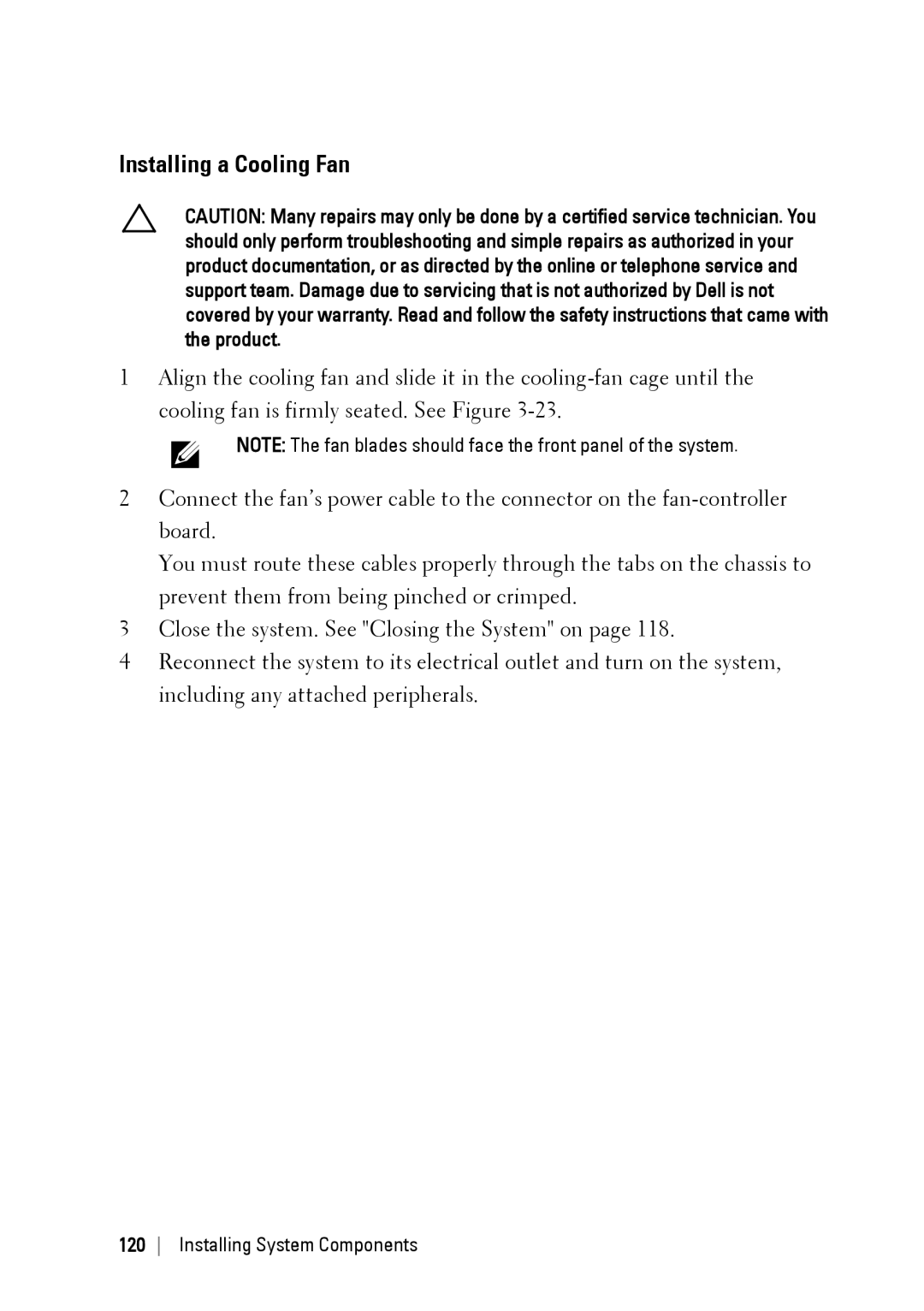 Dell C6145 manual Installing a Cooling Fan 