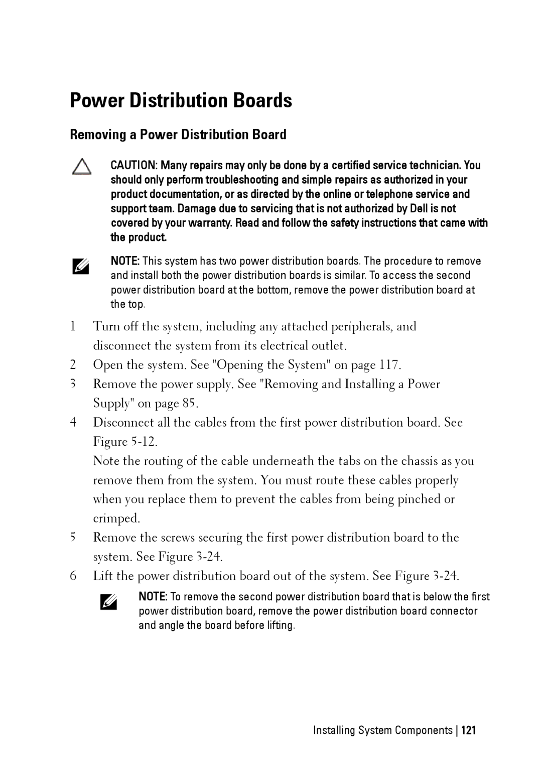 Dell C6145 manual Power Distribution Boards, Removing a Power Distribution Board 