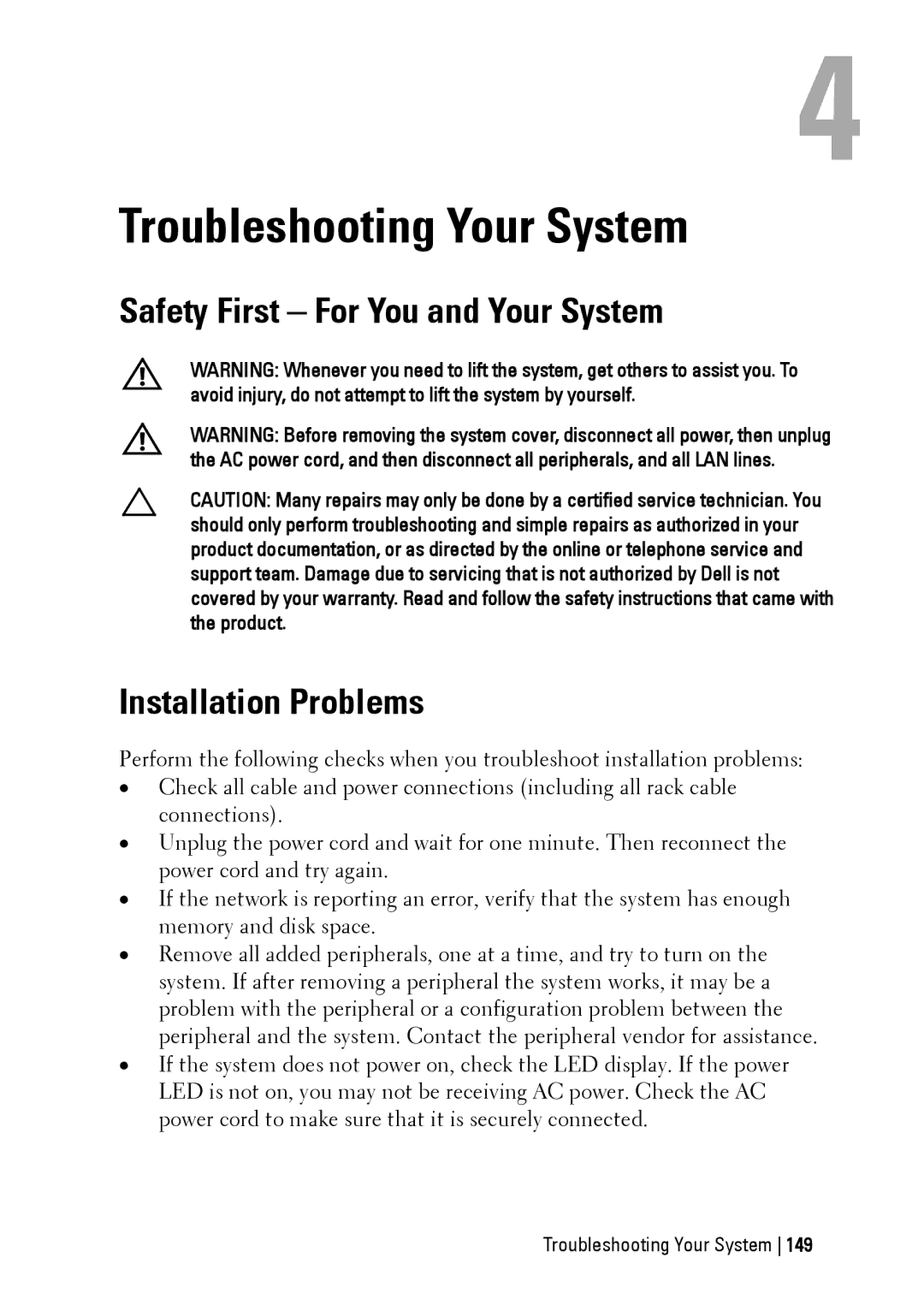 Dell C6145 manual Troubleshooting Your System, Safety First For You and Your System Installation Problems 