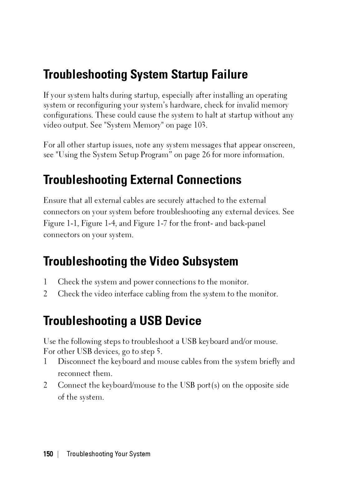 Dell C6145 Troubleshooting System Startup Failure, Troubleshooting External Connections, Troubleshooting a USB Device 