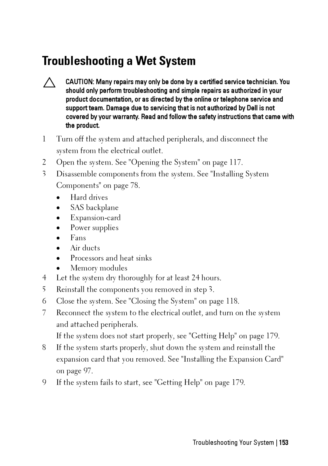 Dell C6145 manual Troubleshooting a Wet System 