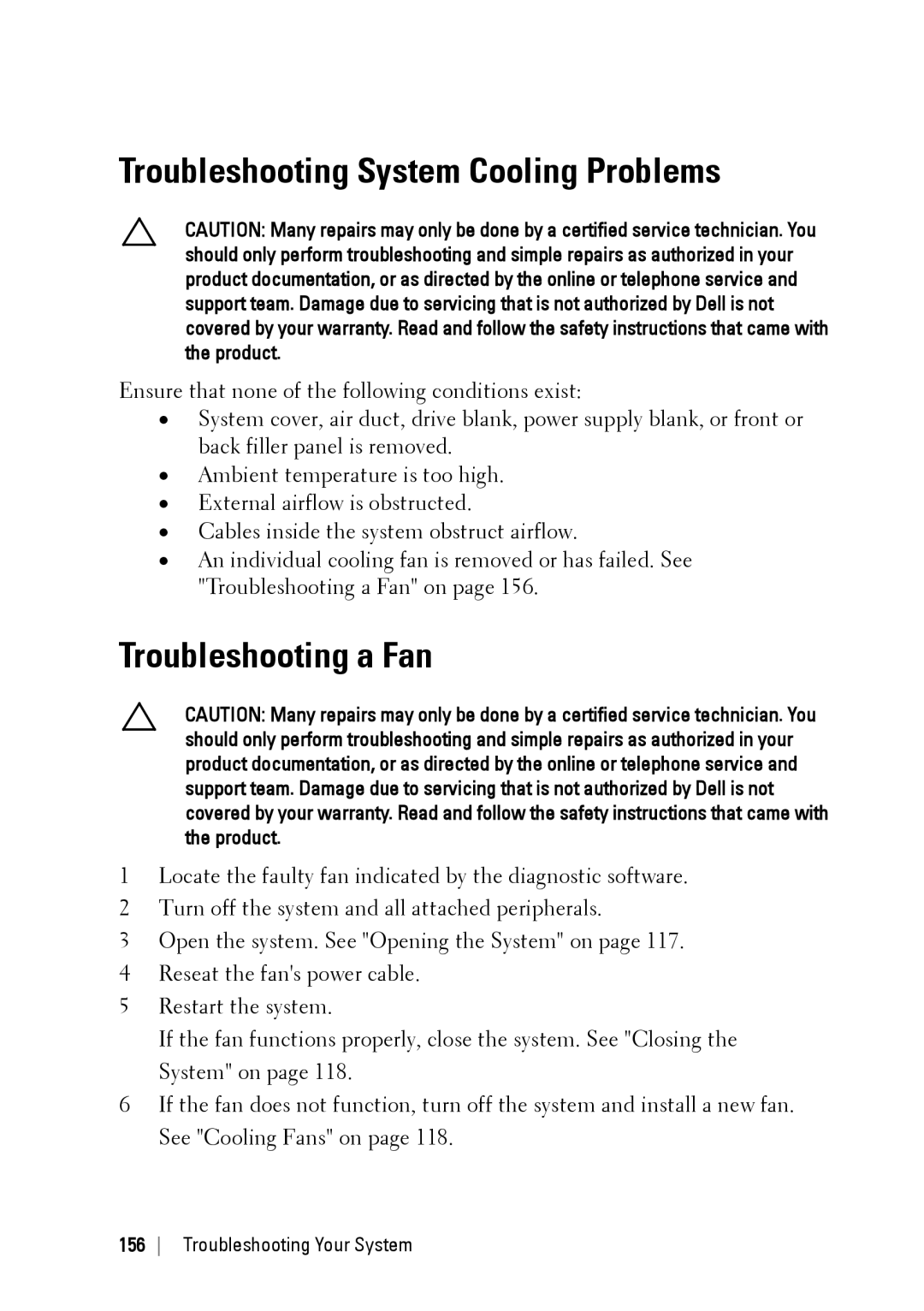 Dell C6145 manual Troubleshooting System Cooling Problems, Troubleshooting a Fan 