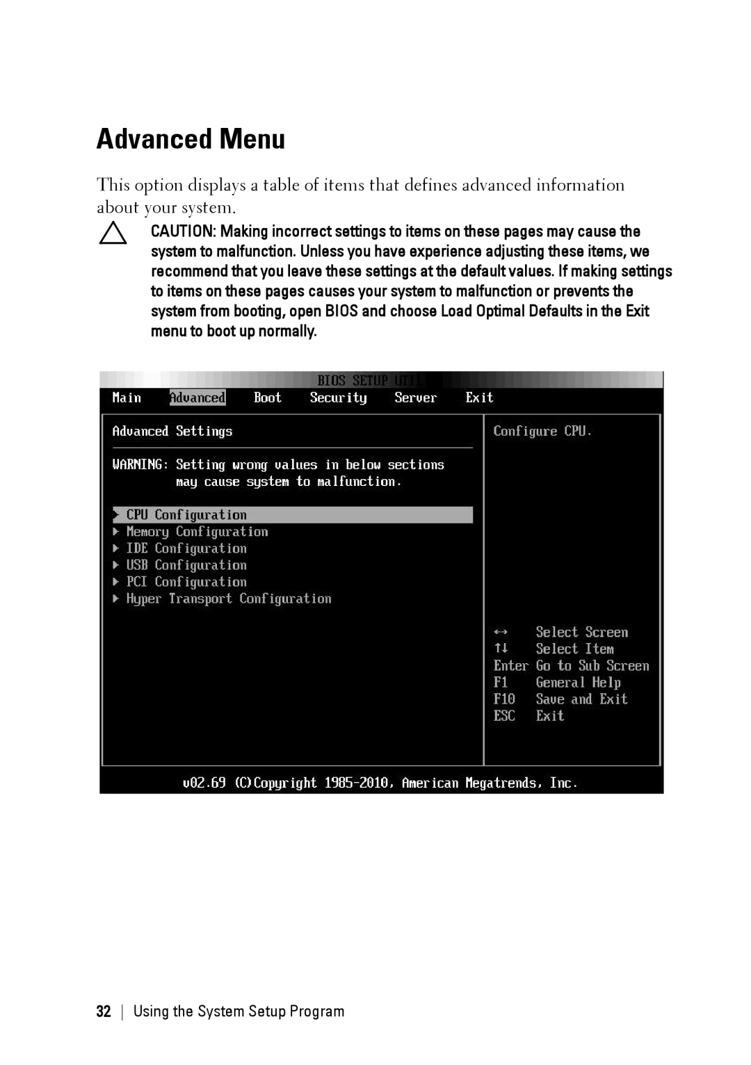 Dell C6145 manual Advanced Menu 