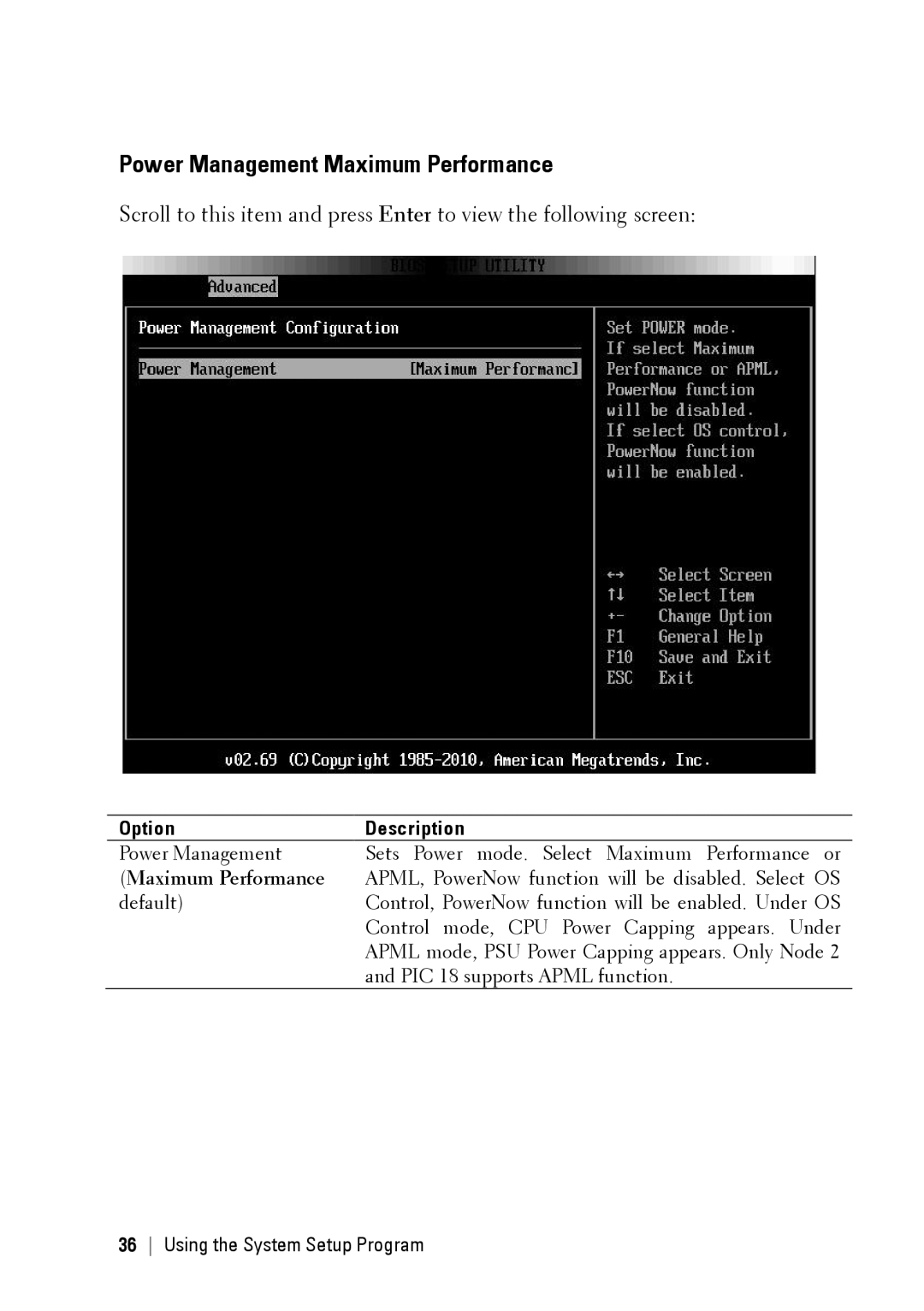 Dell C6145 manual Power Management Maximum Performance 