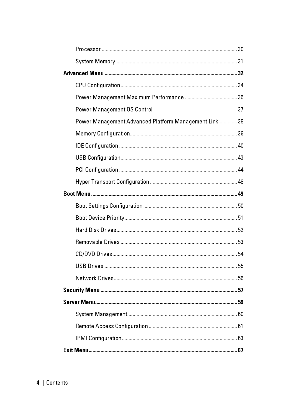 Dell C6145 manual Advanced Menu, Boot Menu, Security Menu Server Menu, Exit Menu 