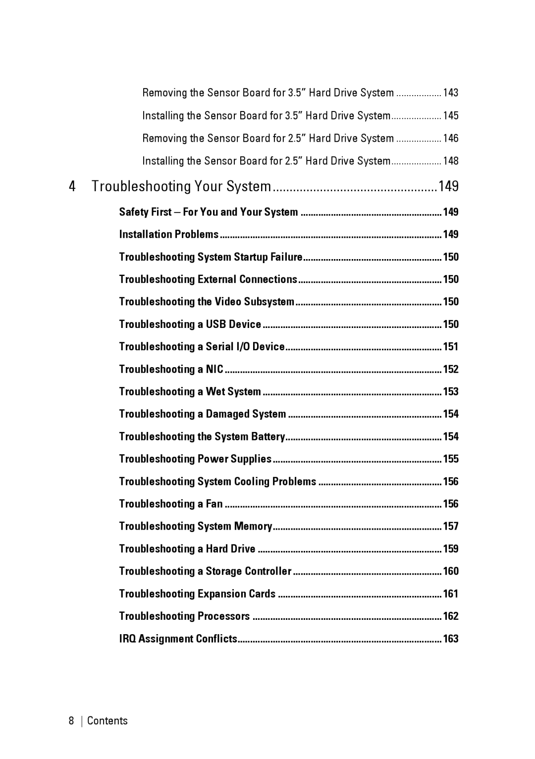 Dell C6145 manual 148, Troubleshooting Your System, 149, 150, 151, 152, 153, 154, 155, 156, 157, 159, 160, 161, 162, 163 