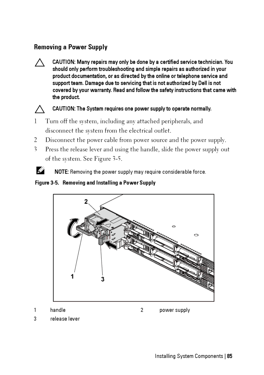 Dell C6145 manual Removing a Power Supply, Removing and Installing a Power Supply 