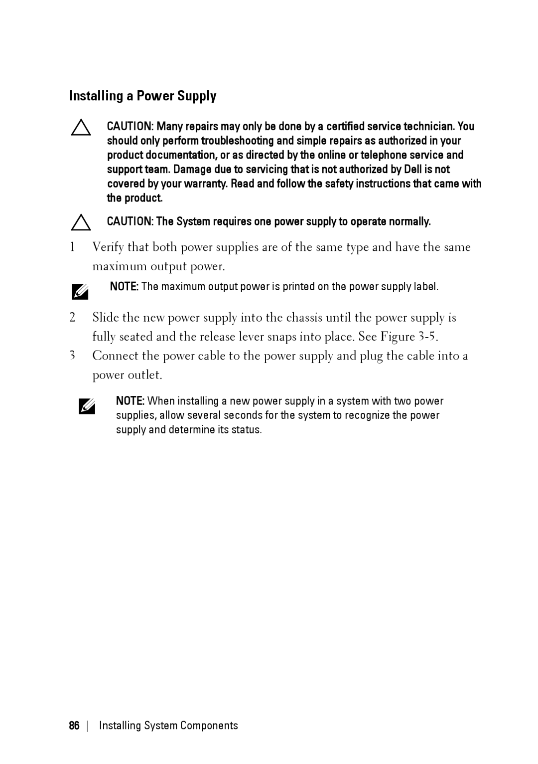 Dell C6145 manual Installing a Power Supply 