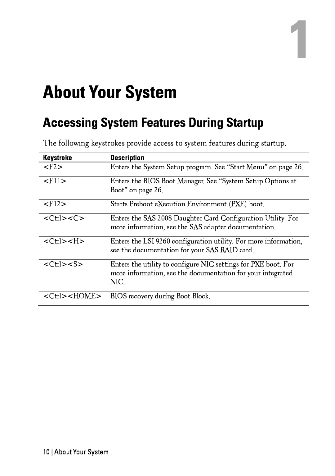 Dell C6145 manual About Your System, Accessing System Features During Startup, Keystroke, Description 