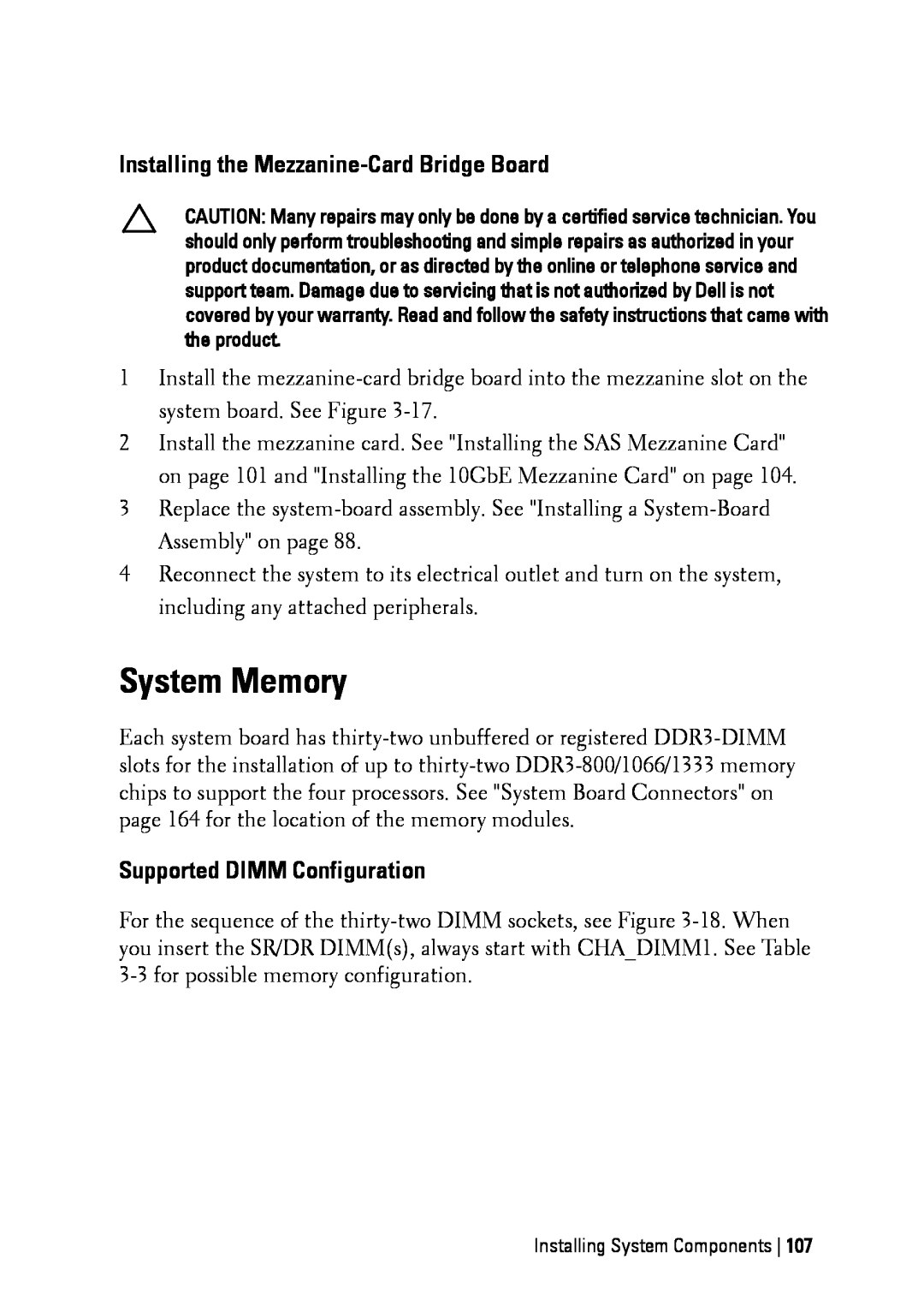 Dell C6145 manual System Memory, Installing the Mezzanine-Card Bridge Board, Supported DIMM Configuration 