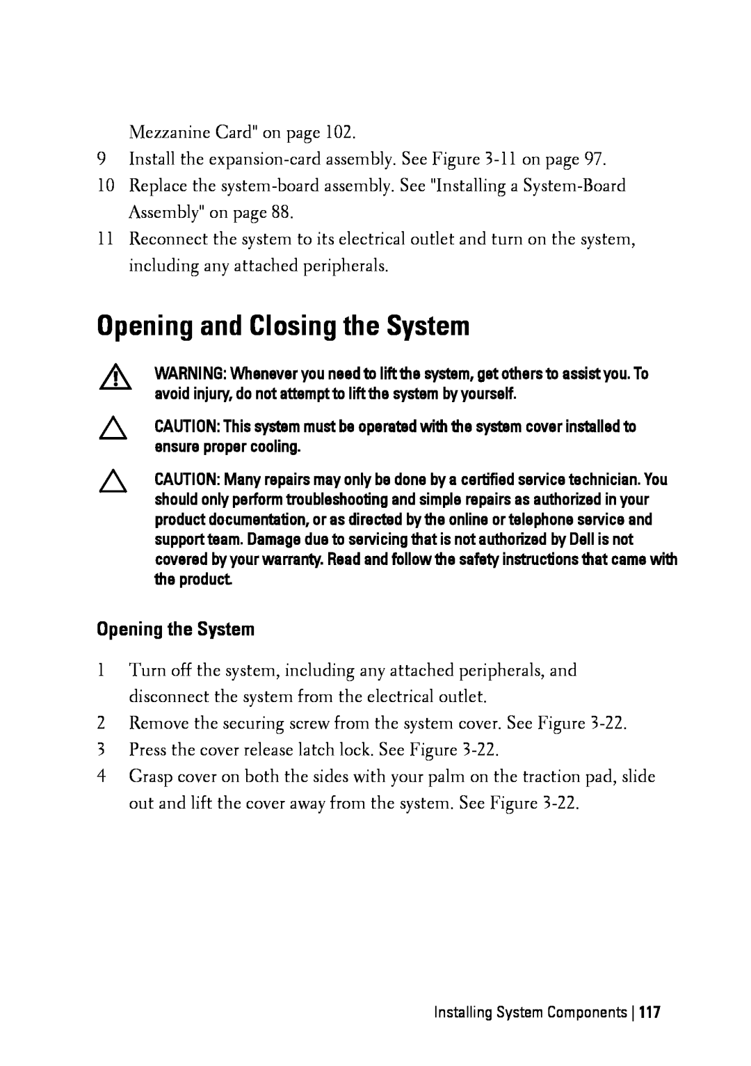 Dell C6145 manual Opening and Closing the System, Opening the System 