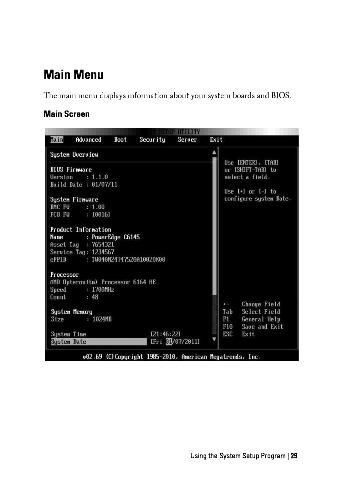 Dell C6145 manual Main Menu, Main Screen, Using the System Setup Program 