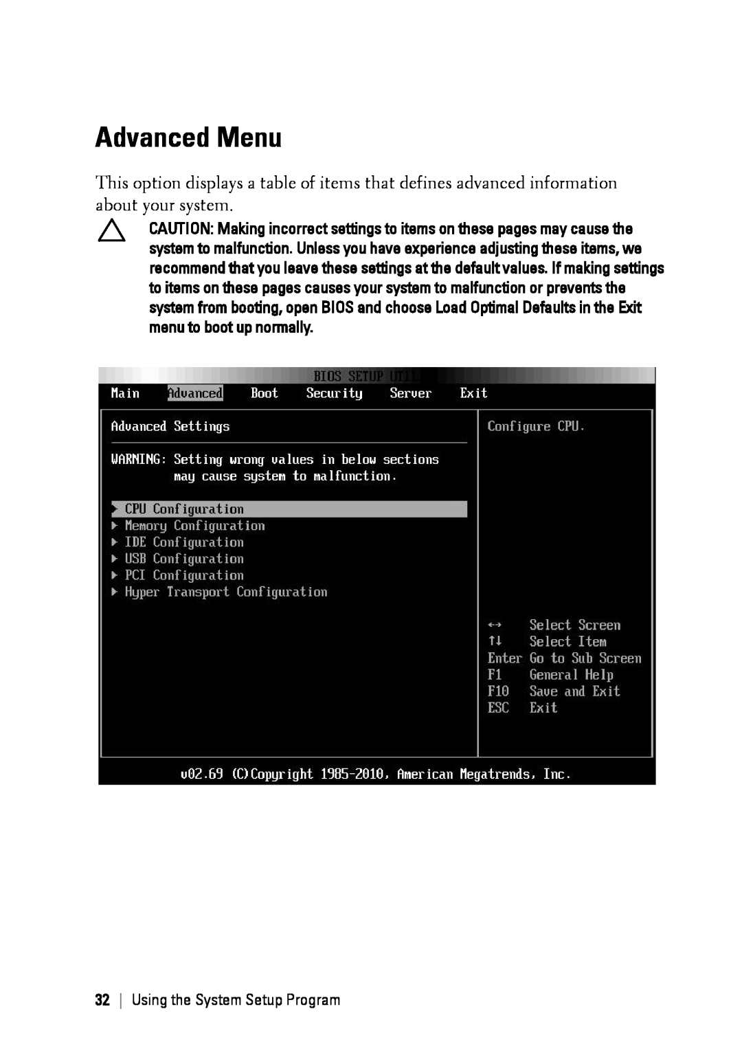Dell C6145 manual Advanced Menu, Using the System Setup Program 