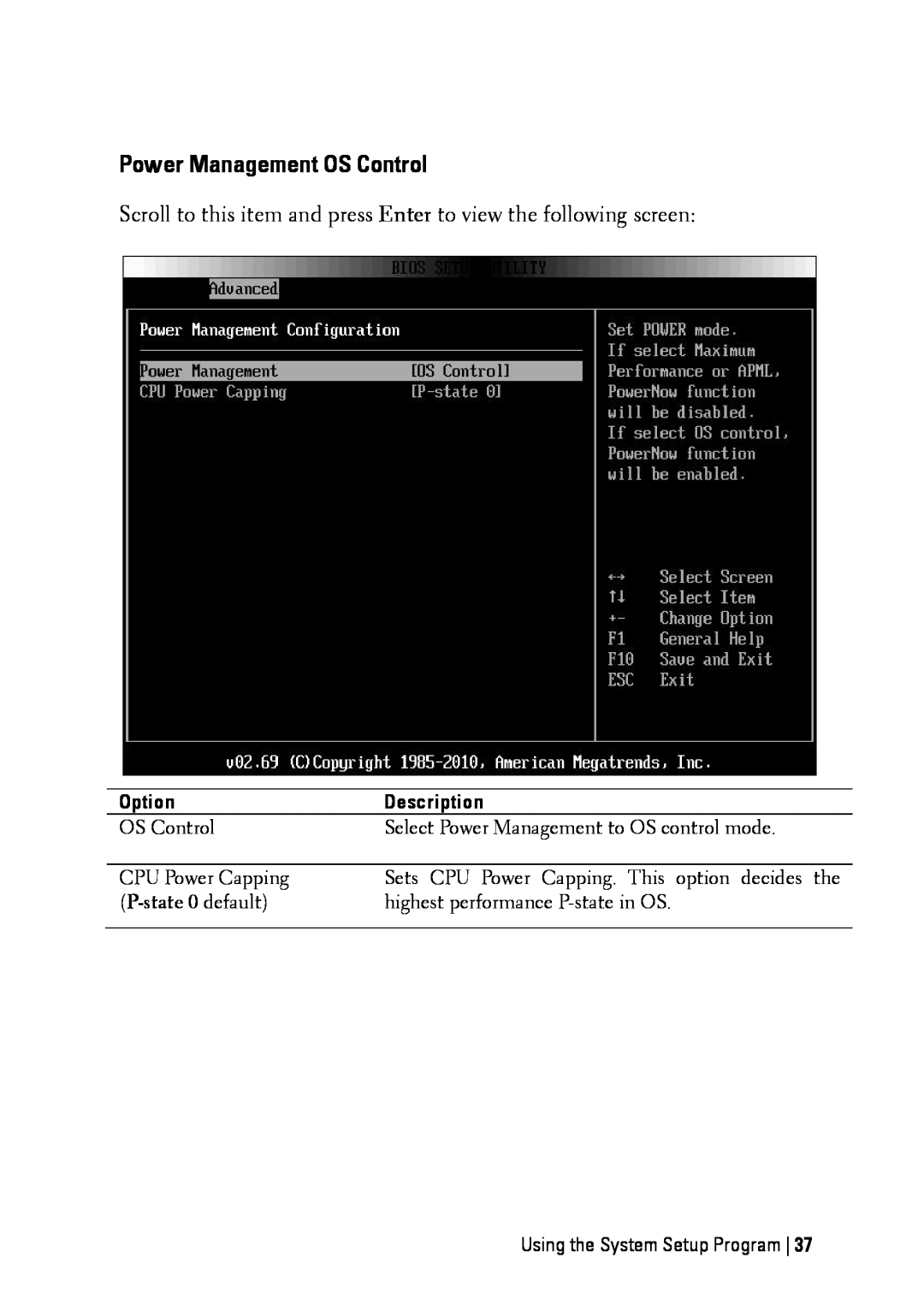 Dell C6145 manual Power Management OS Control, Option, Description, P-state 0 default, Using the System Setup Program 
