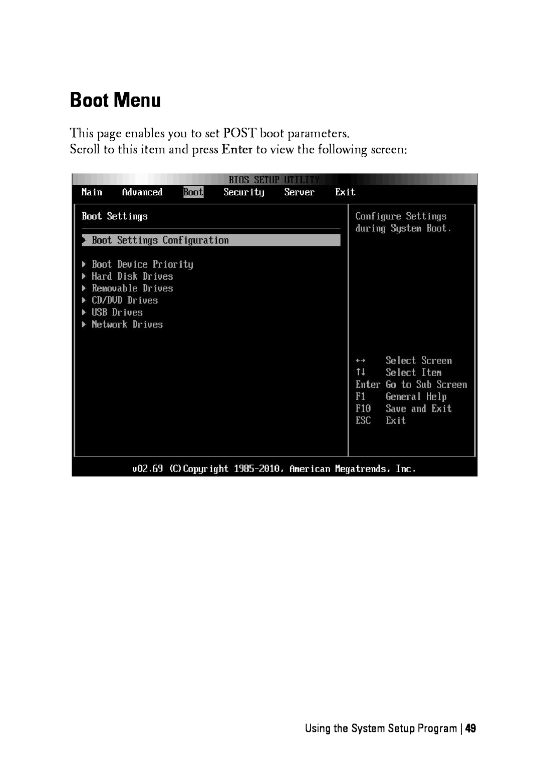 Dell C6145 manual Boot Menu, This page enables you to set POST boot parameters, Using the System Setup Program 