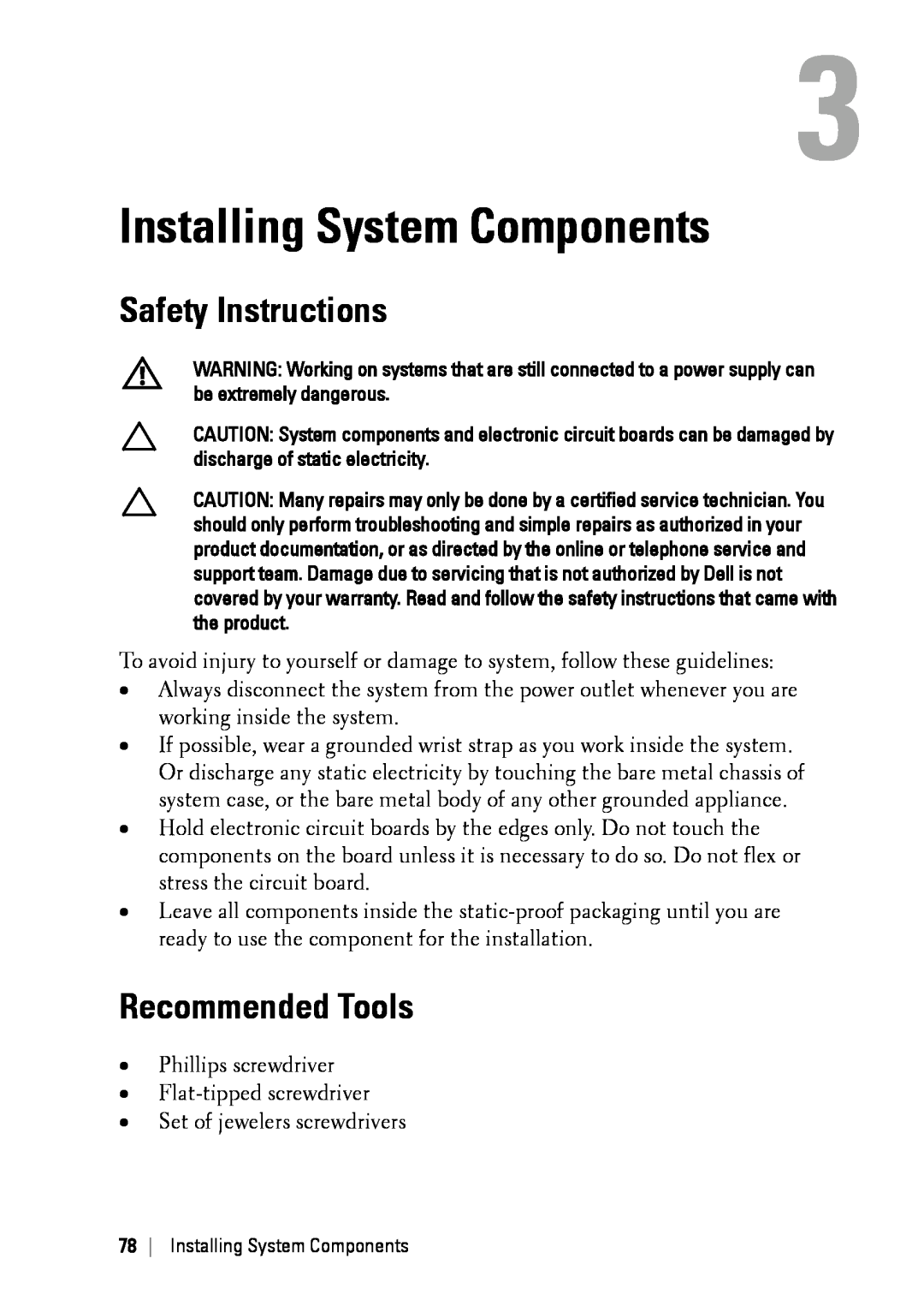 Dell C6145 manual Installing System Components, Safety Instructions, Recommended Tools 