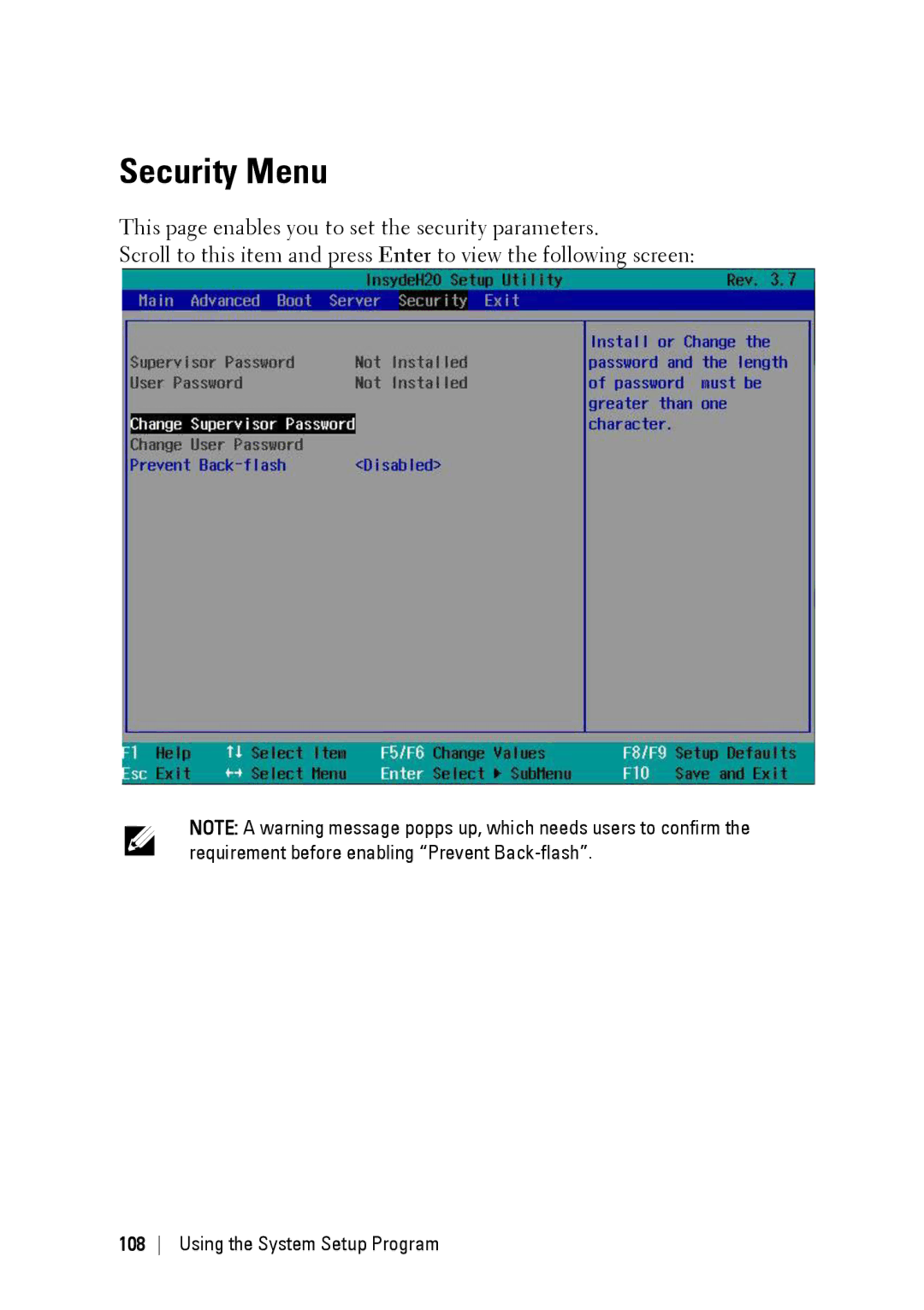 Dell C6220 II owner manual Security Menu 